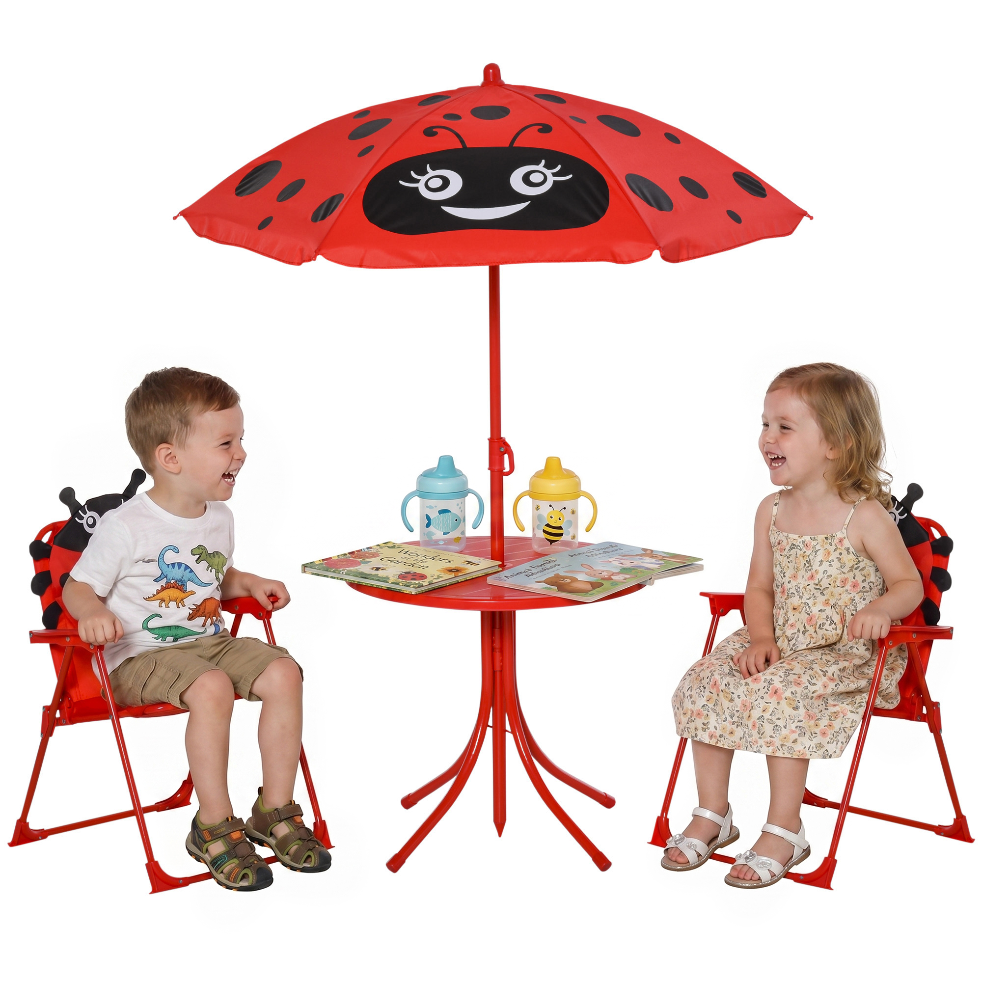 Set Da Esterno Pour Bambini 4 Pezzi Con 2 Sedie Pieghevoli, Ombrellone Da Giardino E Tavolo Rotondo, Set Da Giardino In Acciaio Und Tessuto Oxford Rosso