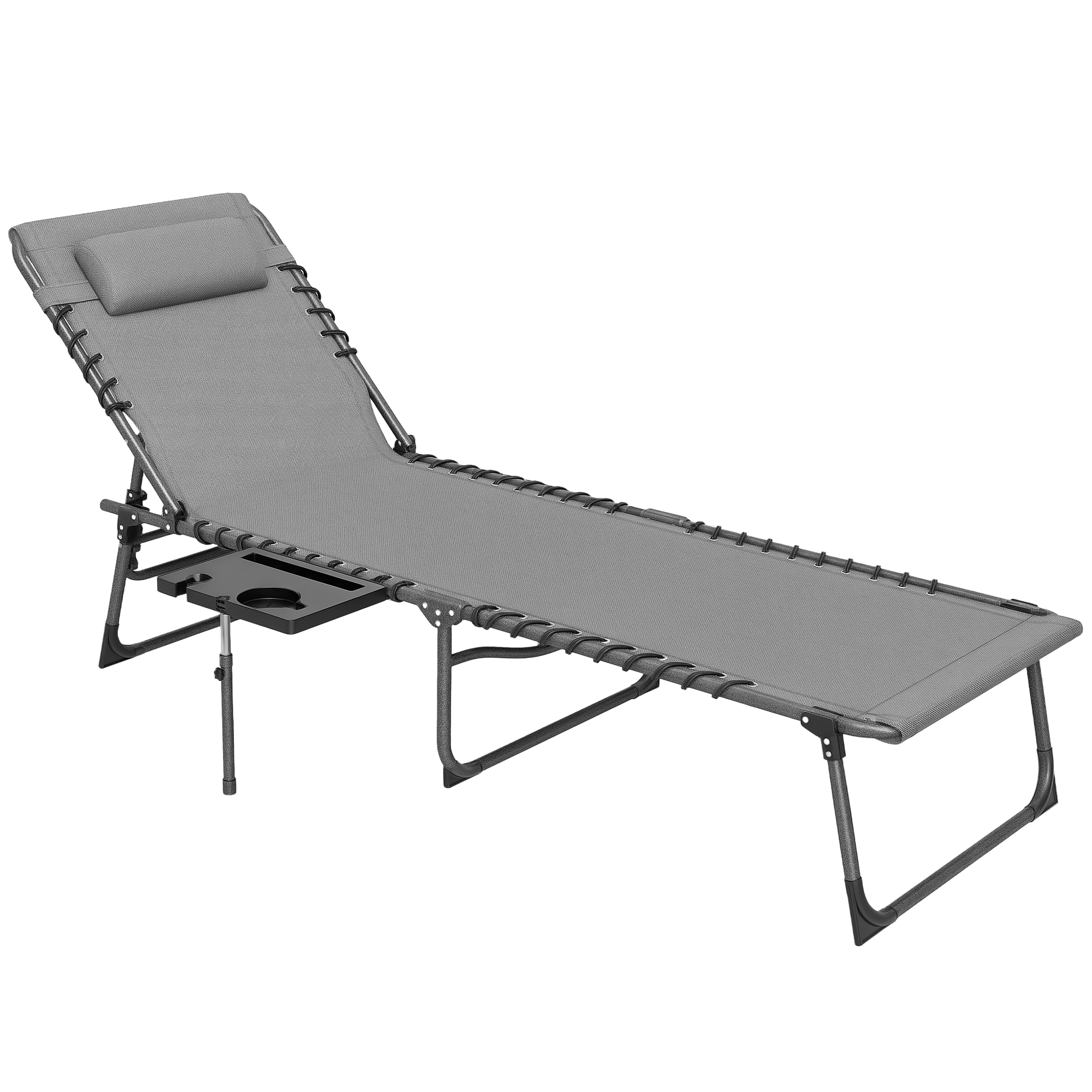 Klappbarer Und Verstellbarer Gartenliegestuhl Mit 5 Positionen, Beistelltisch Und Tasche, 60 X 190 X 31 Cm, Grau Und Schwarz
