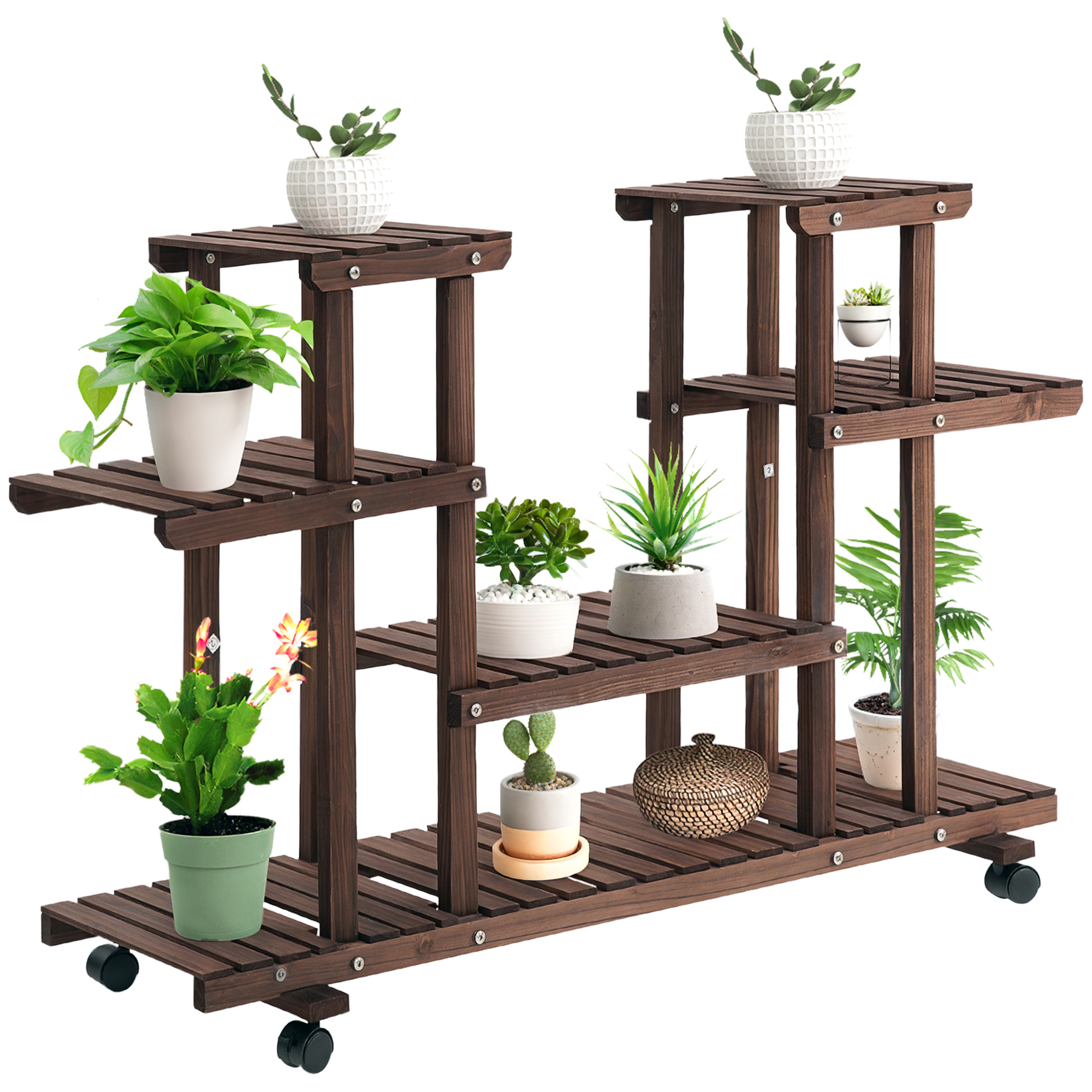 6-stufiger Pflanzenständer Mit 4 Rollen, 123,5 Cm × 33 Cm × 80 Cm, Massivholz, Braun