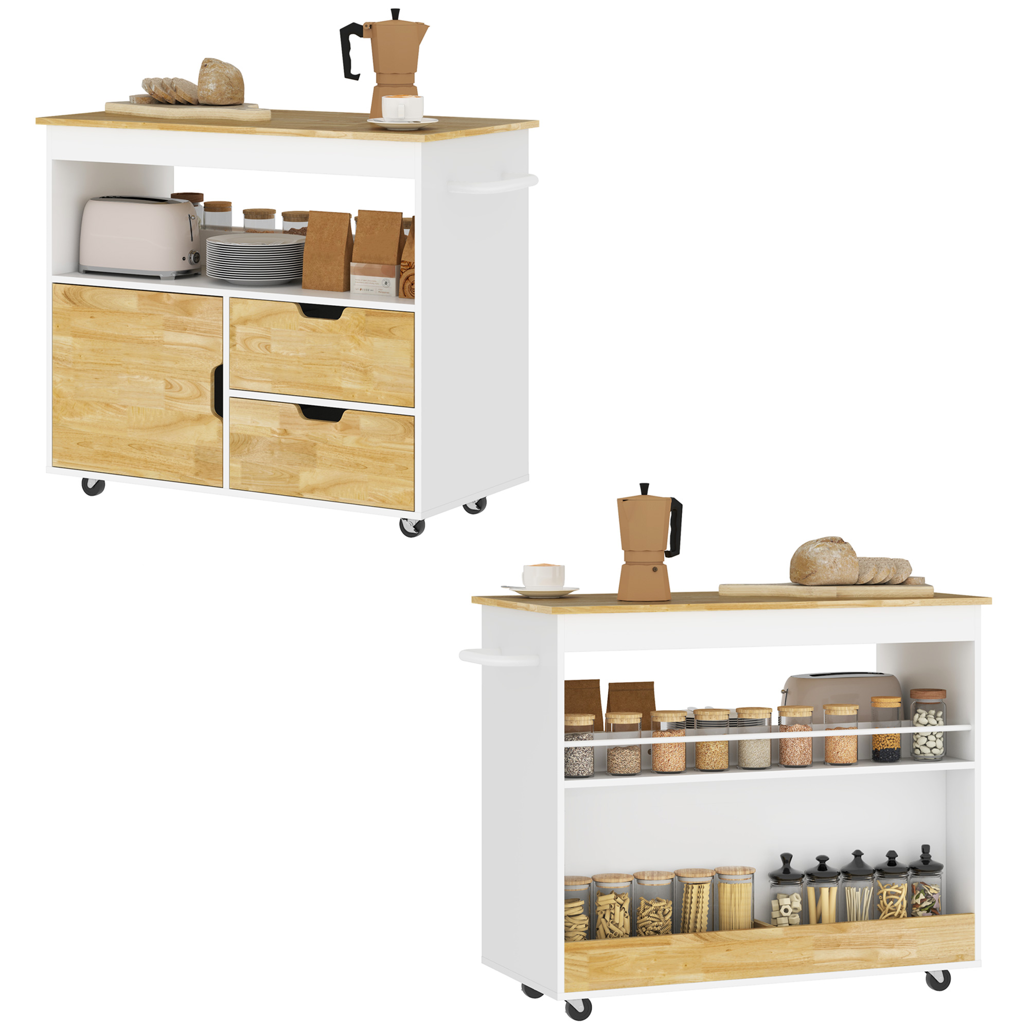 Küchenwagen, Rollbare Kücheninsel, Küchenwagen Mit Fächern, Schrank Und Arbeitsplatte, Weiß