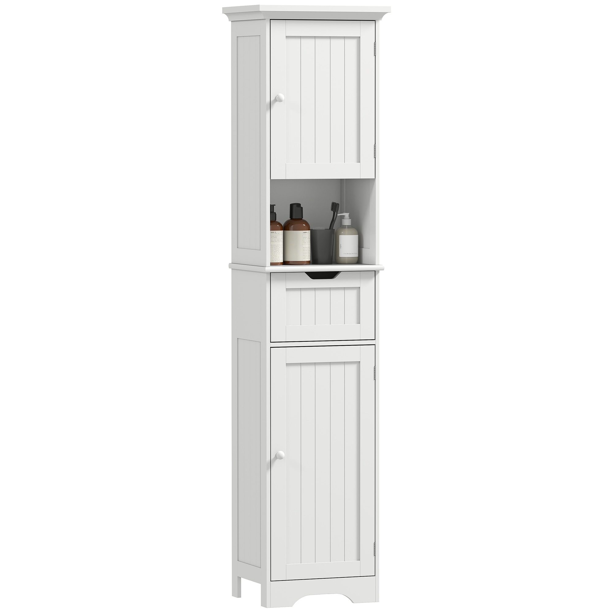 Badezimmerschrank Aus Holz Mit 2 Sensorgesteuerten Schränken, Offenem Fach Und Schublade, 40 X 30 X 170 Cm, Weiß