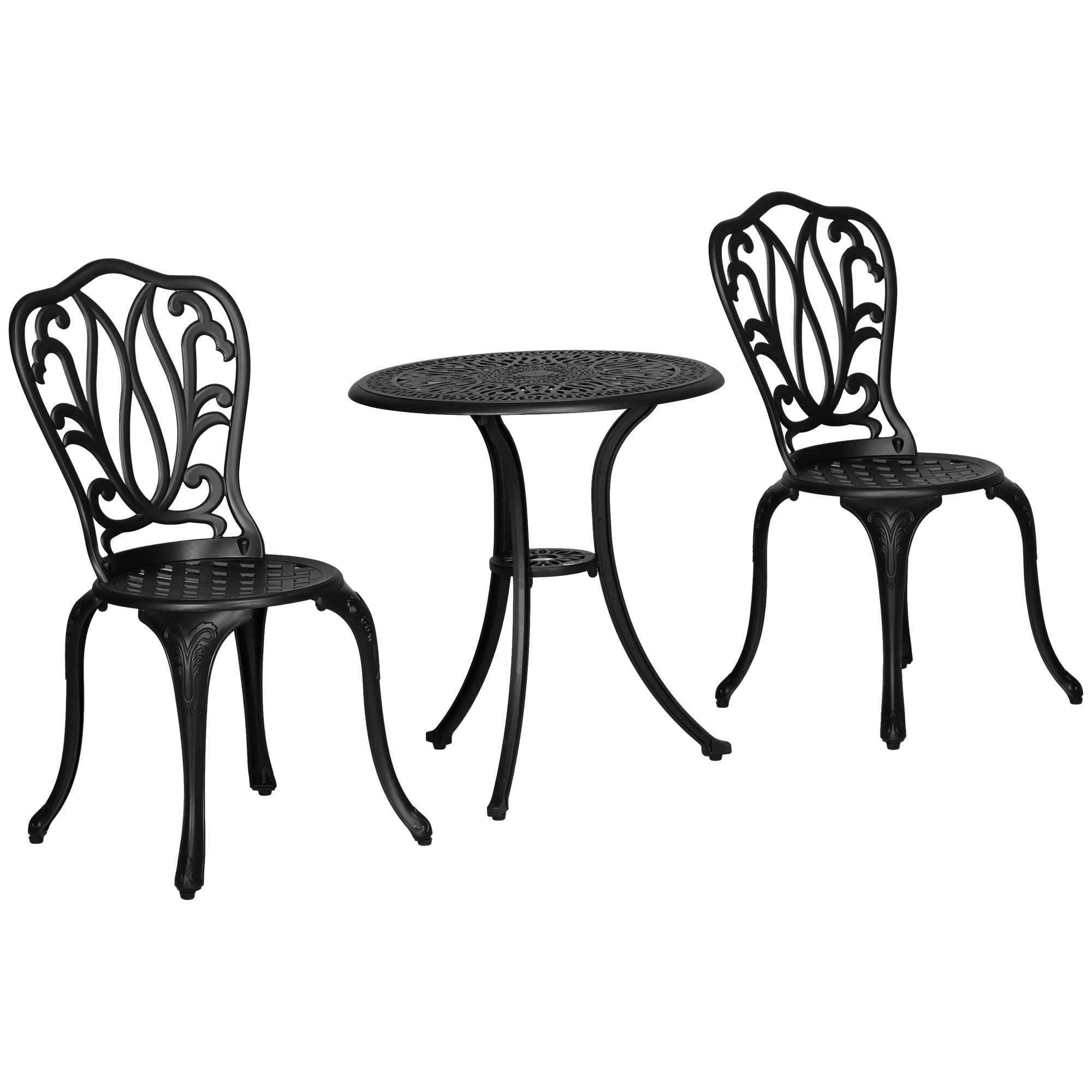 3-teiliges Garten-set Bestehend Aus 2 Gartenstühlen Und Einem Glastisch Mit Sonnenschirmloch, Aluminium, Schwarz.