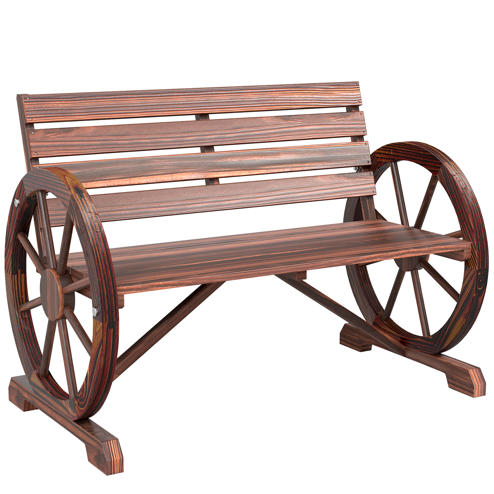 Gartenbank, 3-sitzer-holzbank, Rustikal-schicker Stil, Armlehnen, Räder, Wagenform, Karbonisiertes Tannenholz