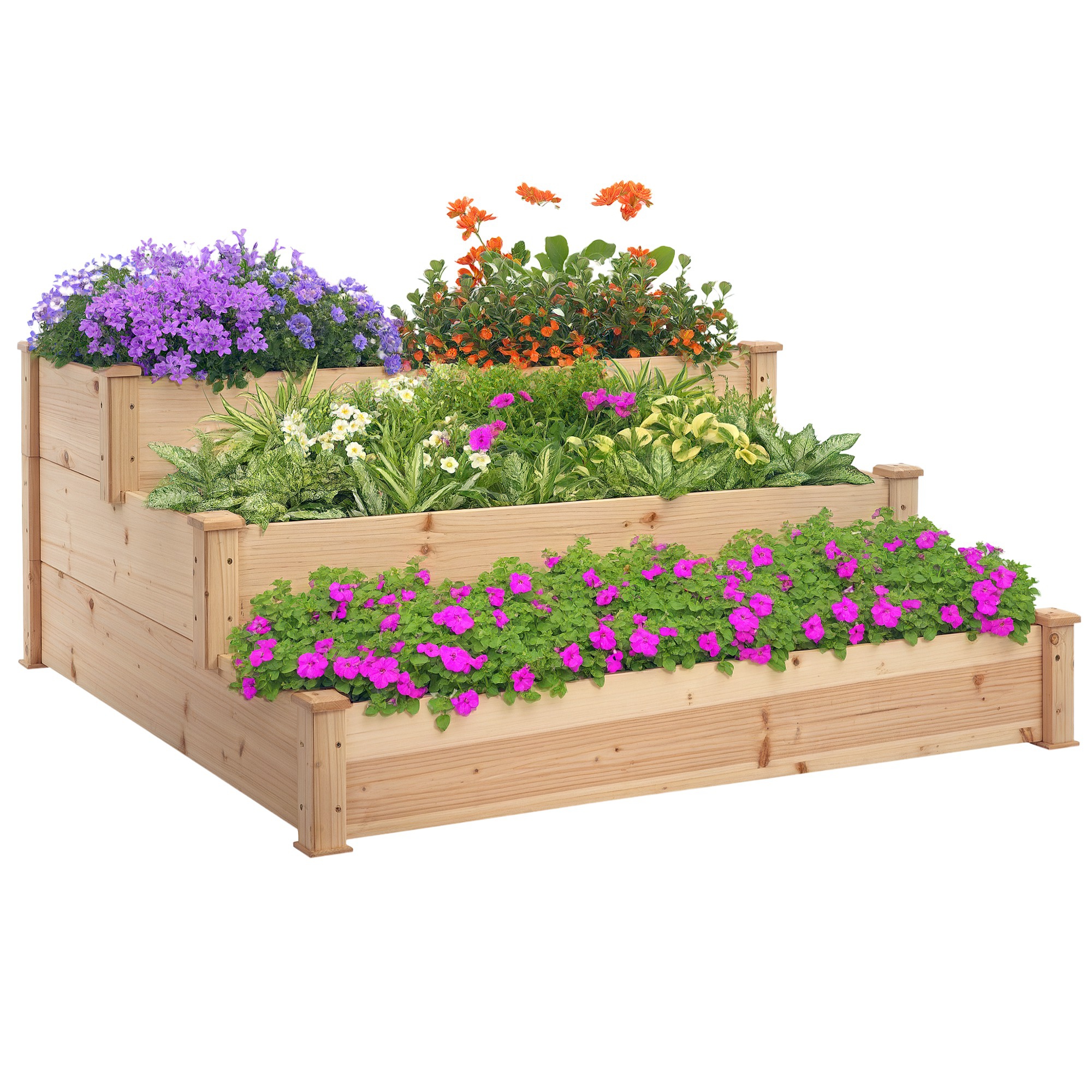 Dreistufiger Hochbeetkasten, Ideal Für Pflanzen, Kräuter Oder Als Florale Treppe Für Balkon Oder Garten. Aus Naturbelassenem Tannenholz. Maße: 120 X 120 X 56 Cm.