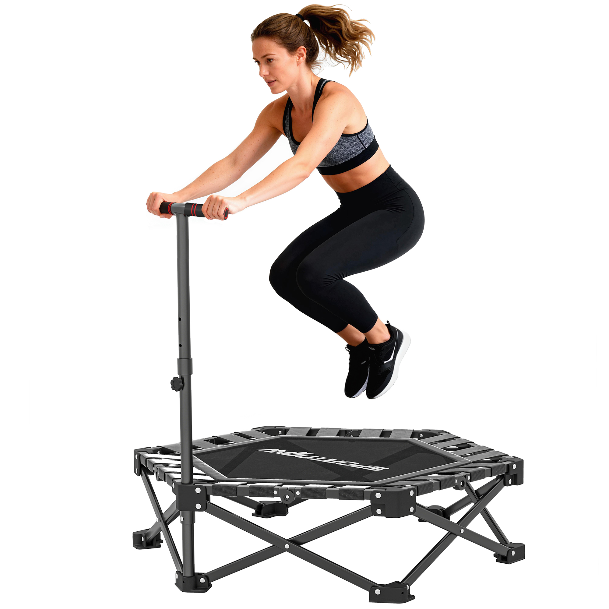 Fitness-trampolin Mit Verstellbarem T-griff, Faltbar, Tragetasche, 120 Kg Tragkraft, Stahl, Kunststoff, Schwarz