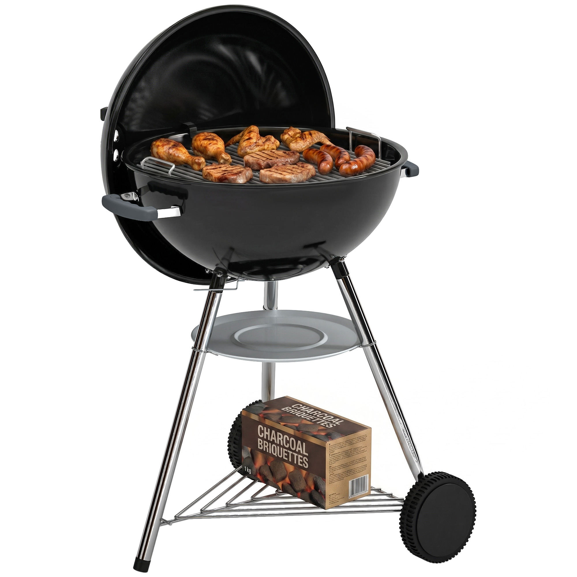 Holzkohlegrill Mit Außenliegendem Rundgrillrost, Deckel, Thermometer Und Rädern, Nero