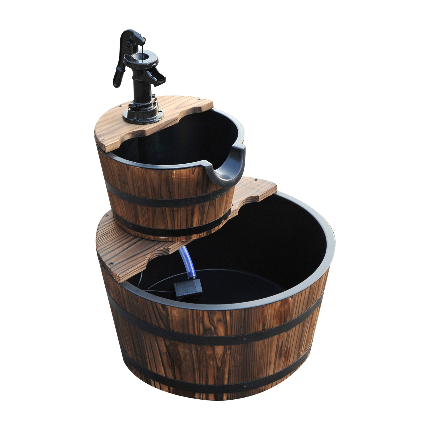Madera 2-stufiger Kaskaden-gartenbrunnen Mit Elektrischer Wasserdüse Und Einstellbarer Wassermenge, 44,5 X 44,5 X 58,5 Cm, Natur