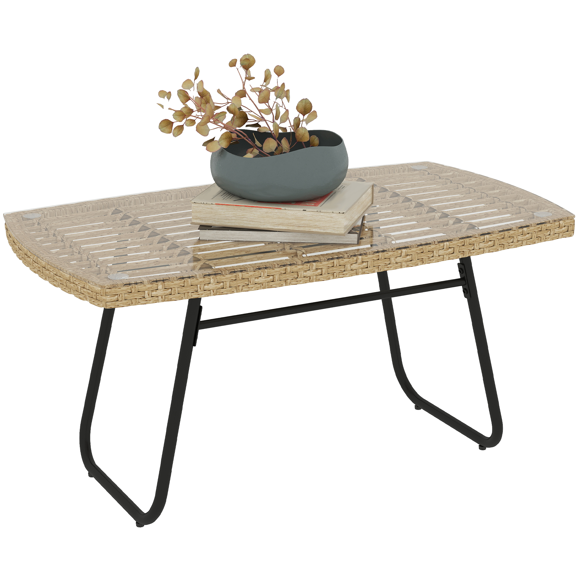 Gartentisch Aus Polyrattan, 90 X 50 X 45 Cm, Uv-beständiger Beistelltisch Mit Glasplatte, Naturholz