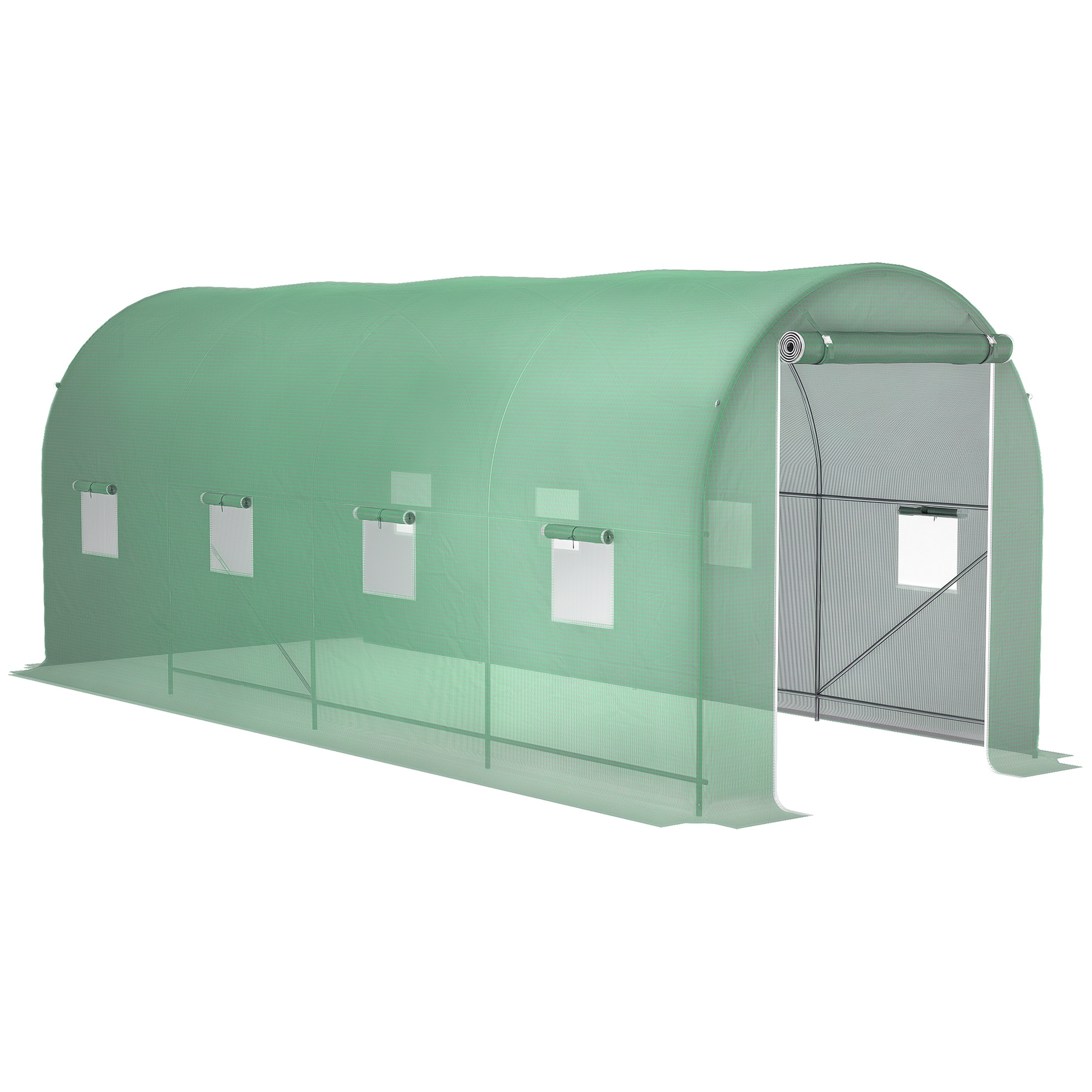 Gewächshaus 500 X 200 X 205 Cm, Aluminium-tunnelgewächshaus, Tomatengewächshaus Mit Tür, 8 Fenster, Verzinkter Stahl Und Polyethylen-tunnel, Robust, Inklusive Bodenanker Und Seile, Grün