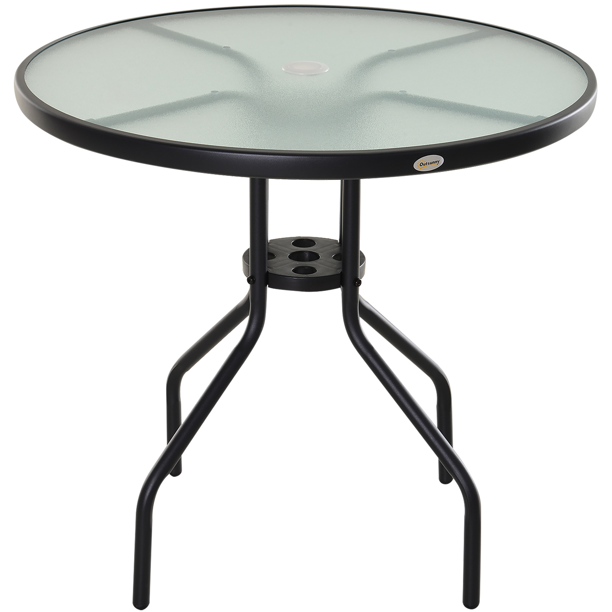 Tavolino Da Giardino Con Piano In Vetro Temperato E Foro Per Ombrellone Acciaio Ф80 X 72 Cm Nero