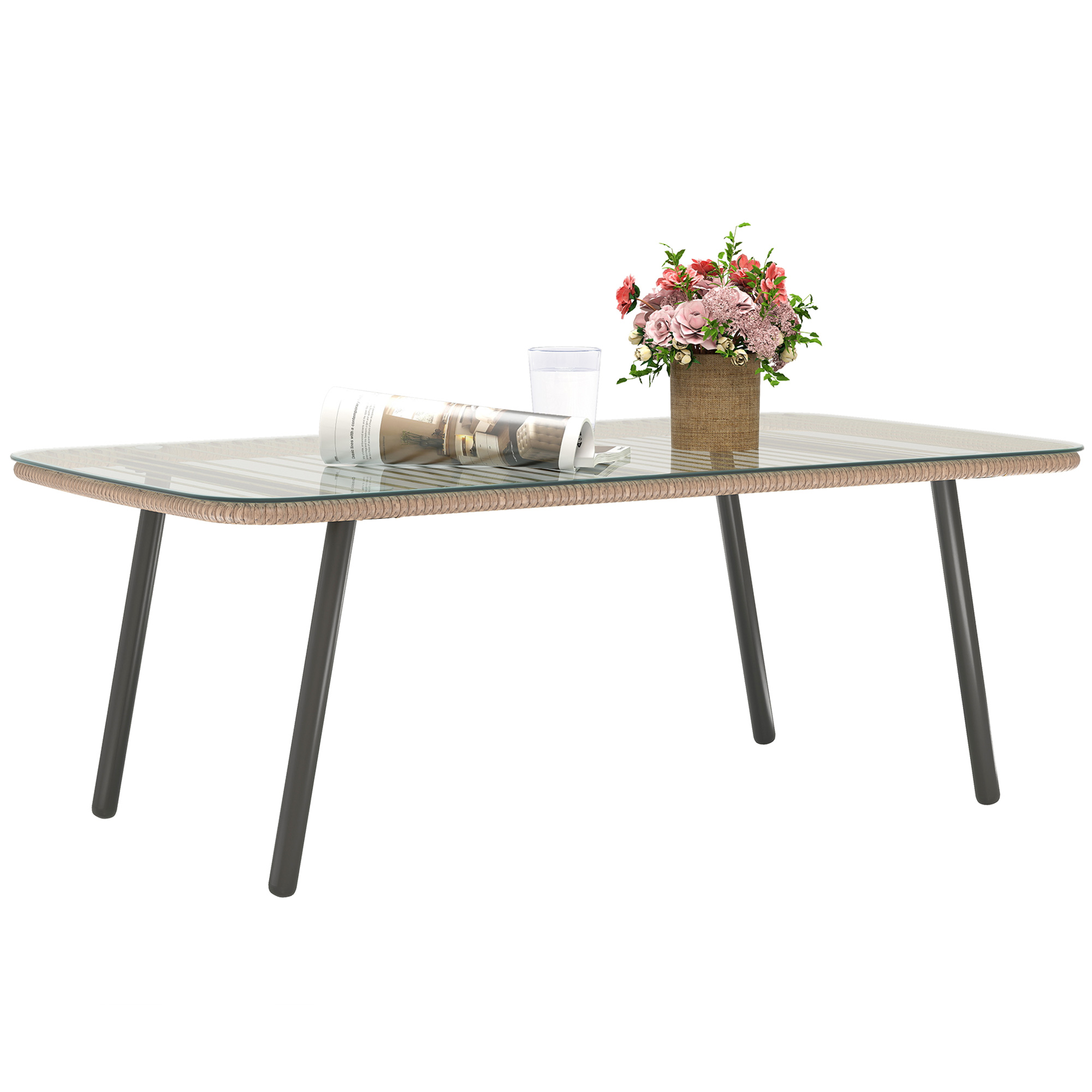 Garten-couchtisch Mit 5 Mm Starker Tischplatte Aus Gehärtetem Glas, Beistelltisch Für Den Außenbereich, Stahlgestell, Holzoptik
