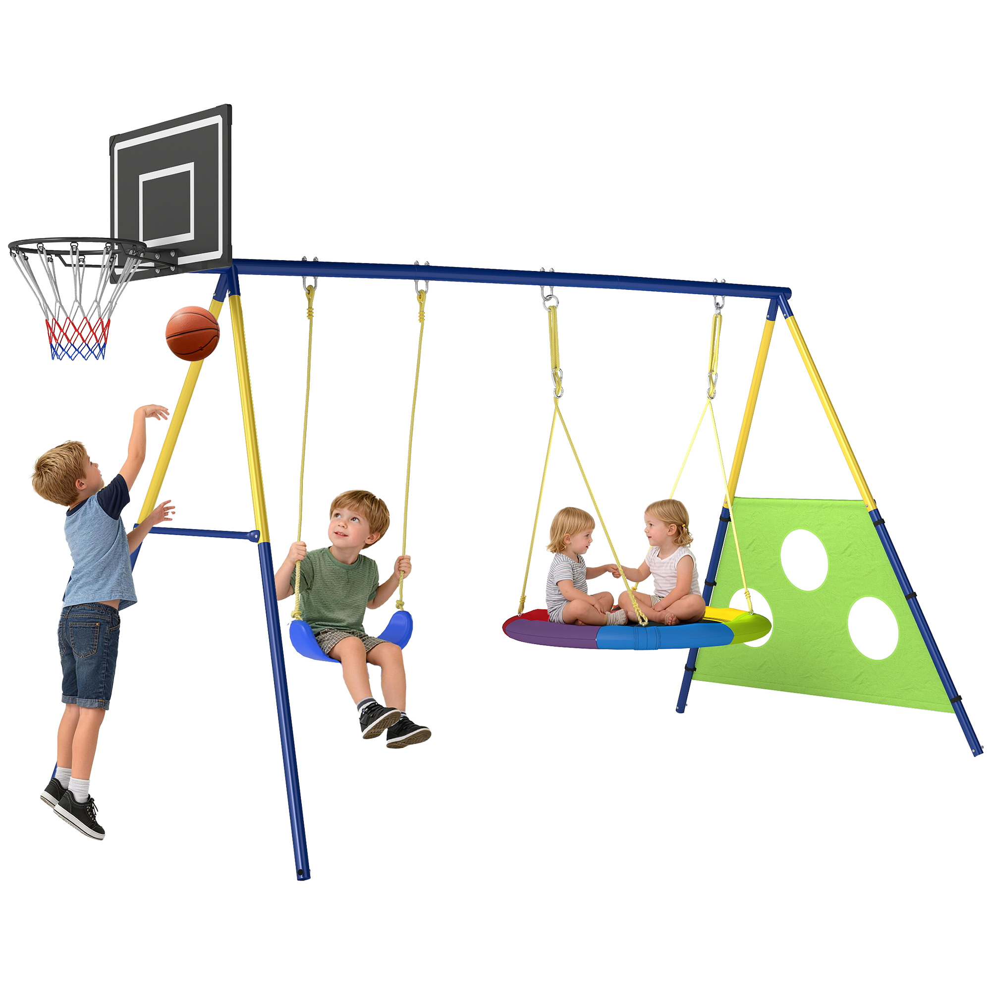 4-in-1 Schaukelset (bis 150 Kg) Mit Nestschaukel, Basketballkorb, Fußballtor Und U-förmiger Schaukel (288 X 160 X 220 Cm)