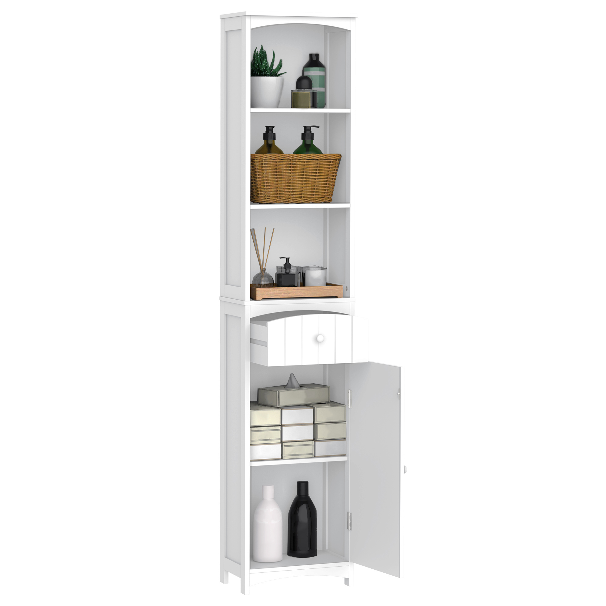 Hoher, Schmaler Badezimmerschrank Mit Einer Schublade Und Drei Offenen Regalböden, Moderne Badkonsole Für Wohnzimmer, Gäste-wc Und Küche, 34 X 24 X 170 Cm, Weiß