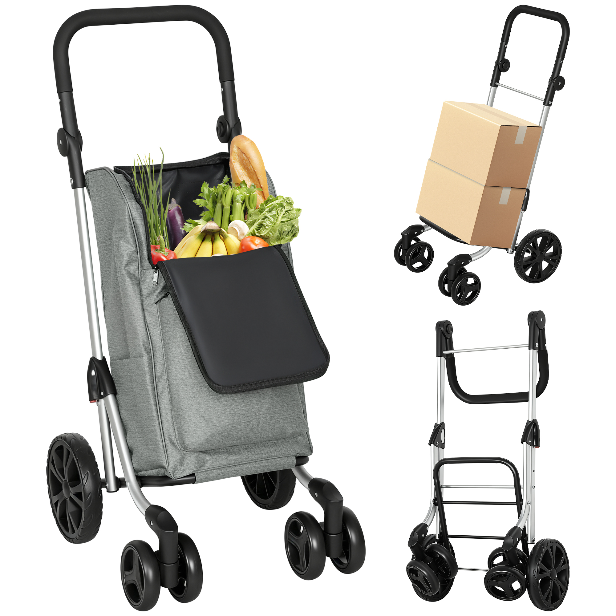 Faltbarer Einkaufswagen, 46 Liter, 3-in-1-modell Mit 6 Rädern, Kühltasche Und Verstellbarem Griff, 44 X 58 X 100 Cm, Grau