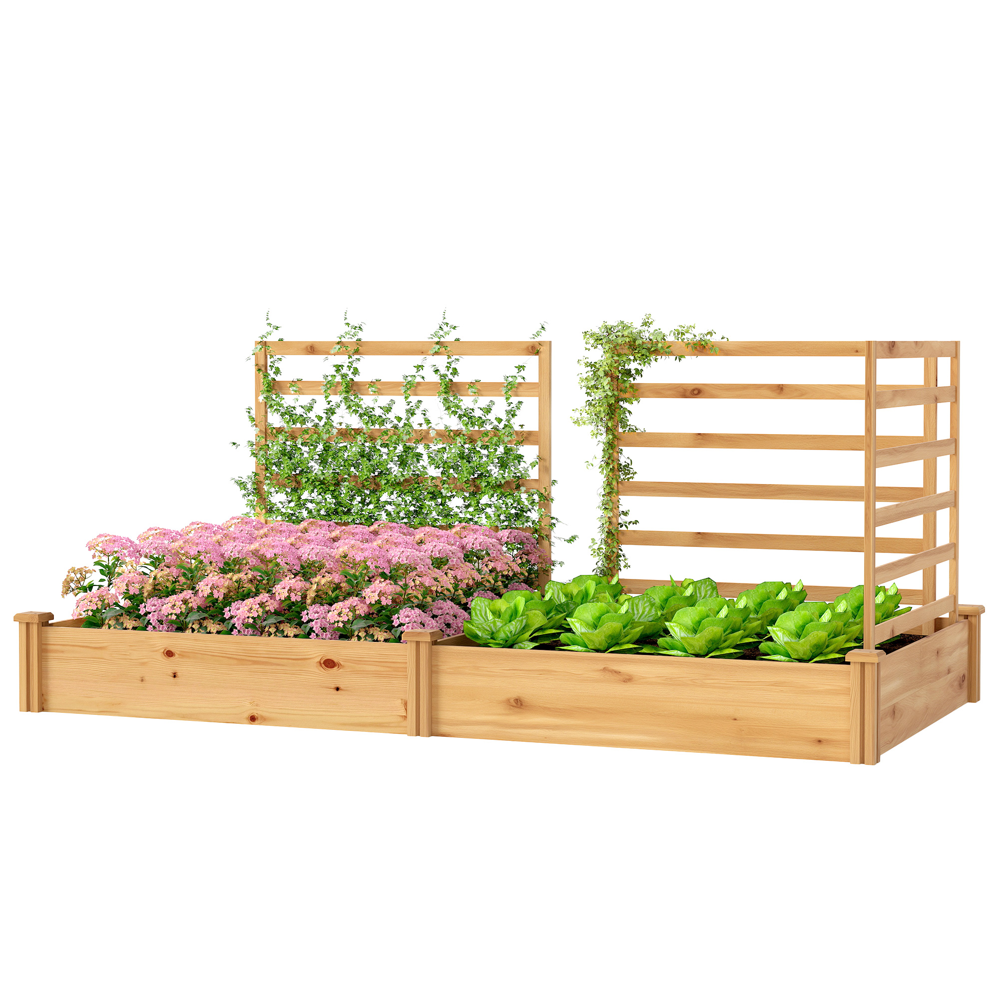 Hochbeet Mit Rankgitter, Holzpflanzkasten Mit 3 Rankgittern, Trennwand, Offenem Boden, 240 X 125 X 102 Cm, Naturholz
