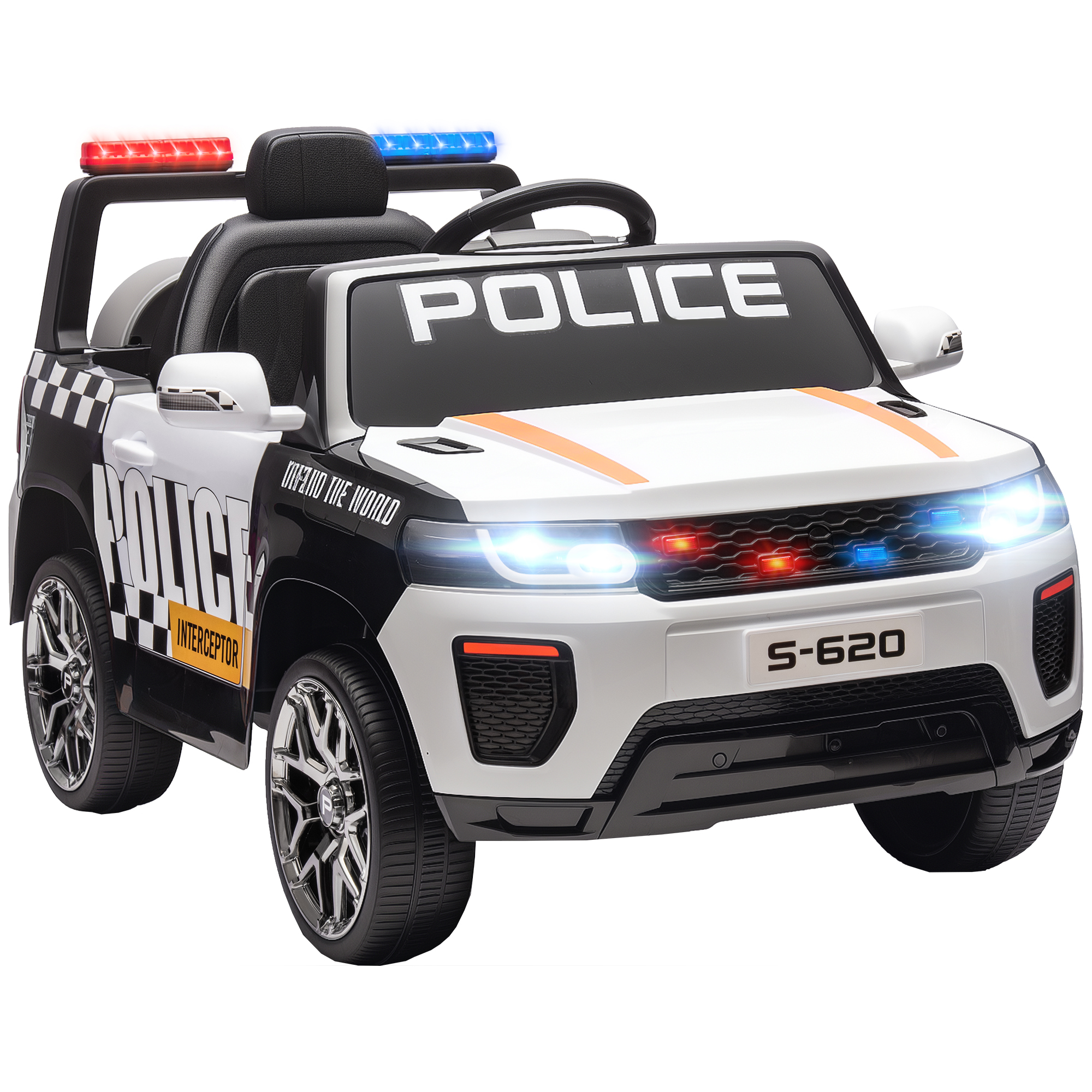 Elektrisches Polizeiauto Für Kinder Mit Fernbedienung, Zwei Motoren, Sirene, 4-rad-federung Und Scheinwerfern, Weiß