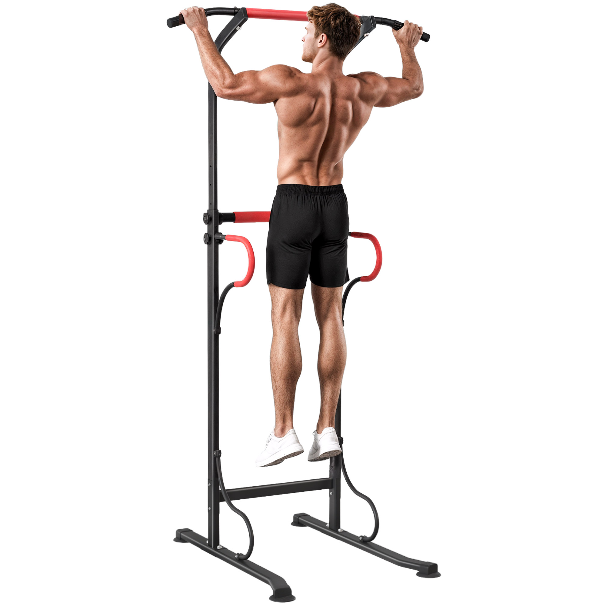 Power Tower Dip Station, Barra Per Trazioni Power Tower Station Fitness Multifunktions Mit Alterzza Regolabile 171-219cm, Nero Rosso
