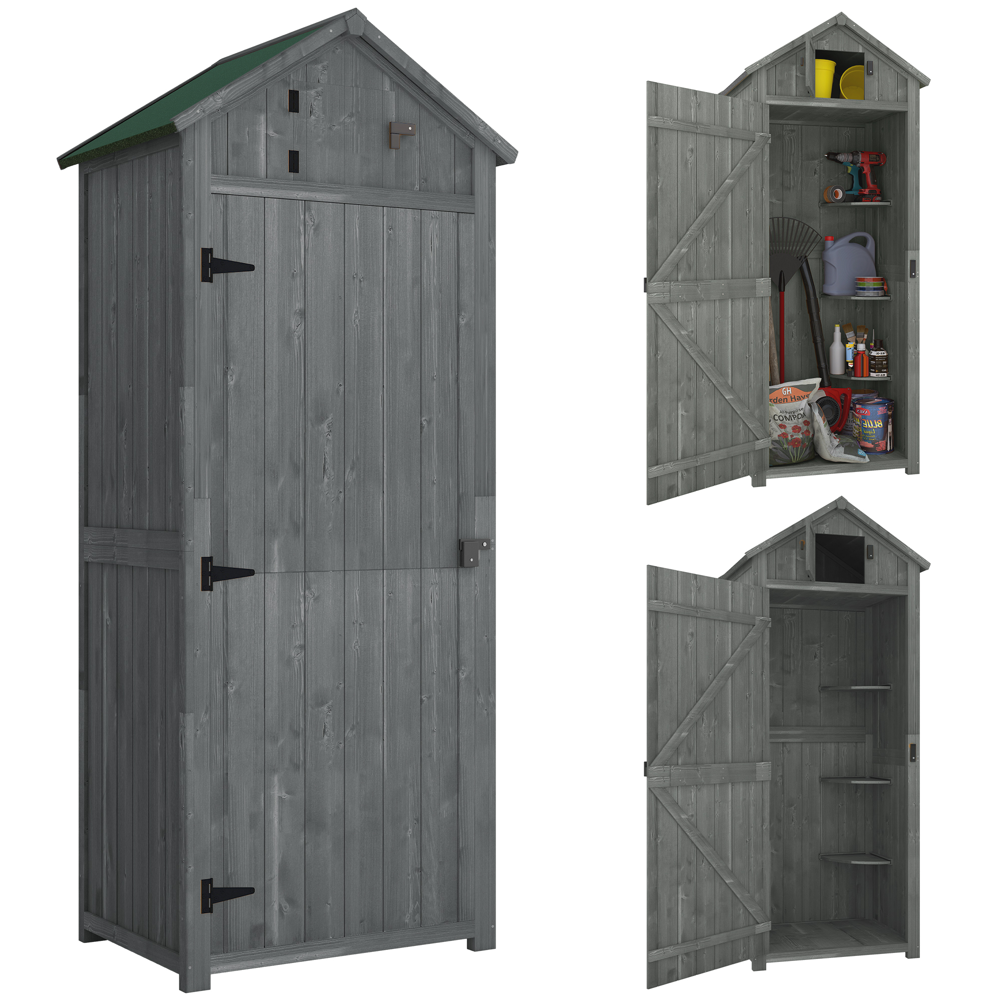 Wetterfester Gartenschuppen Aus Holz, 77 X 54,2 X 179 Cm, Mit Tür, Satteldach, Werkzeugschrank Mit Regalen, Ideal Für Garten Und Terrasse, Grau Und Grün.