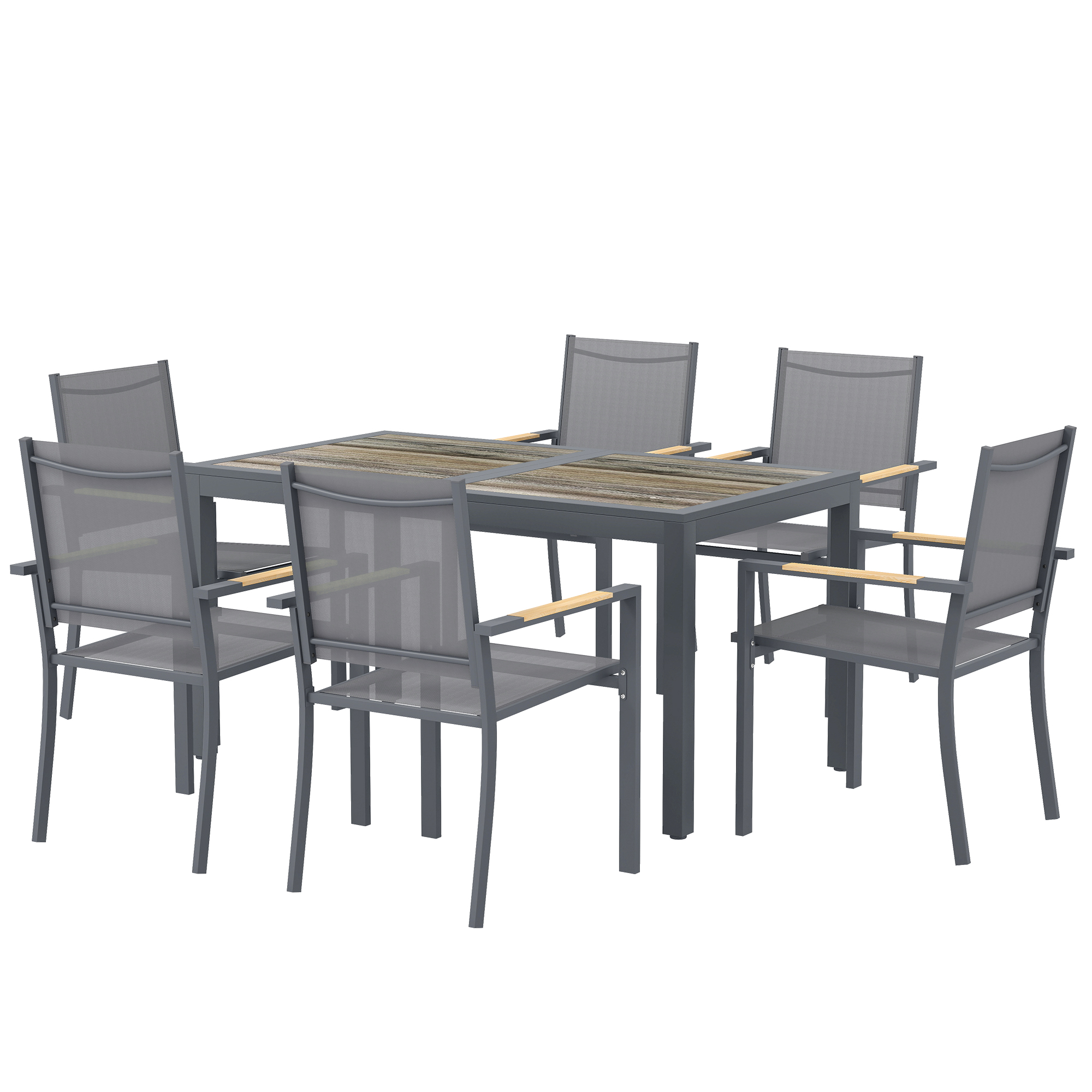Gartenmöbel-set, 7-teilig, Tisch In Holzoptik, 6 Stapelbare Textilene-stühle, 140 X 80 X 72 Cm, Grau