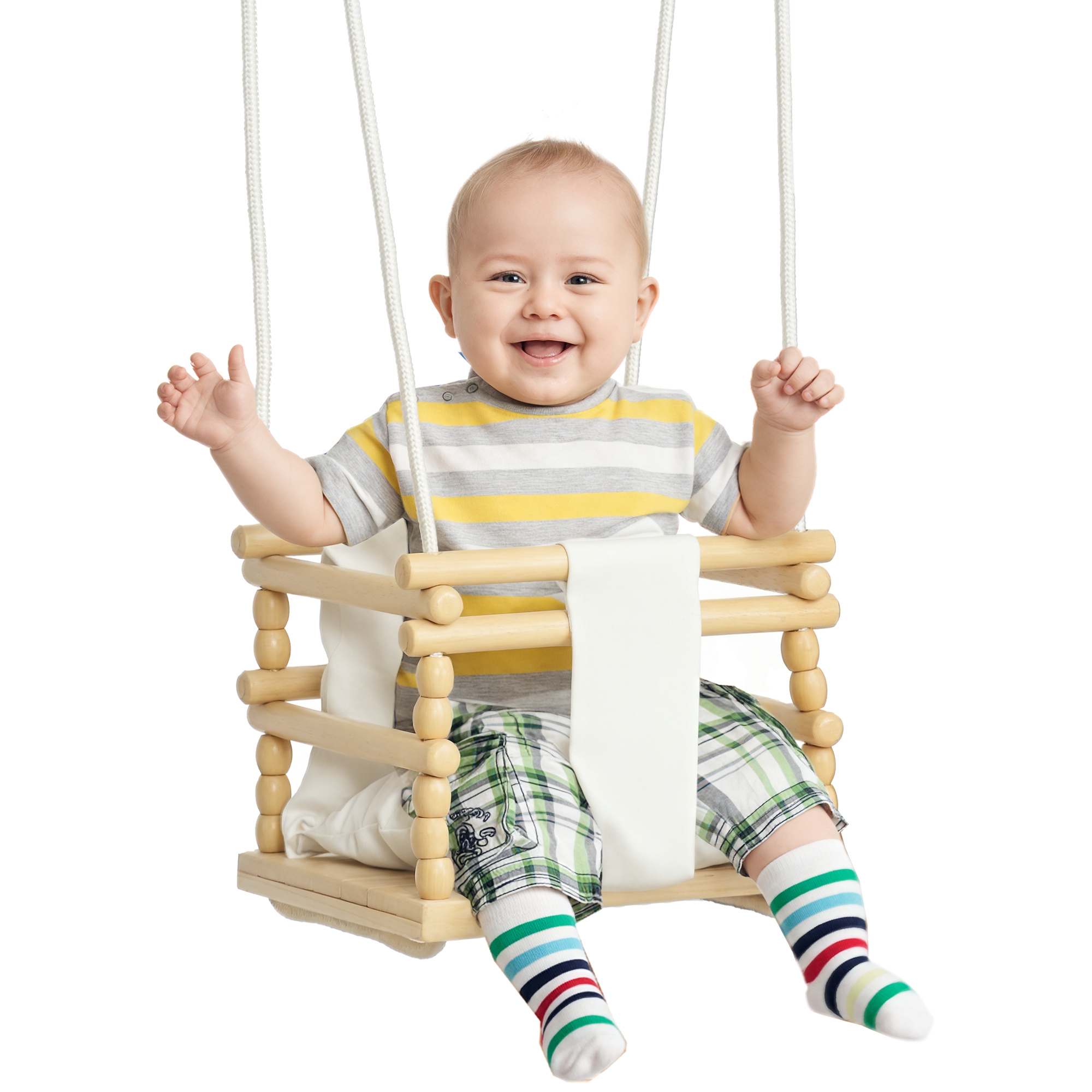 Babyschaukel Für 9 Bis 36 Monate, Aus Holz Und Baumwolle, Mit Verstellbarem Seil Und Kissen, 30 X 30 X 110–180 Cm
