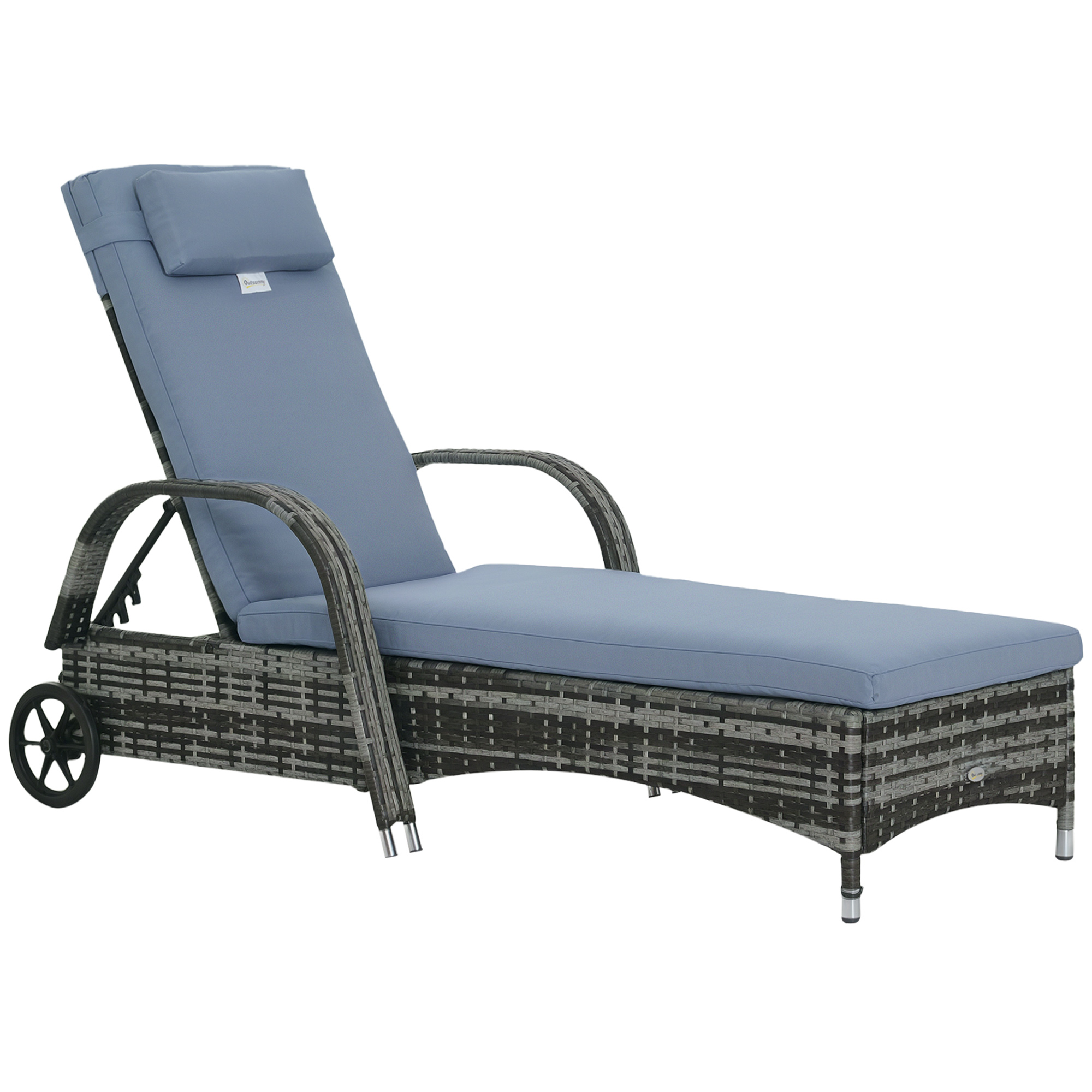 Gartenliege Aus Polyrattan Mit 5-fach Verstellbarer Rückenlehne, Kissen, Rollen Und Kopfkissen, Belastbarkeit 160 Kg, Maße: 200 X 73 X 30–103 Cm, Farbe: Grau