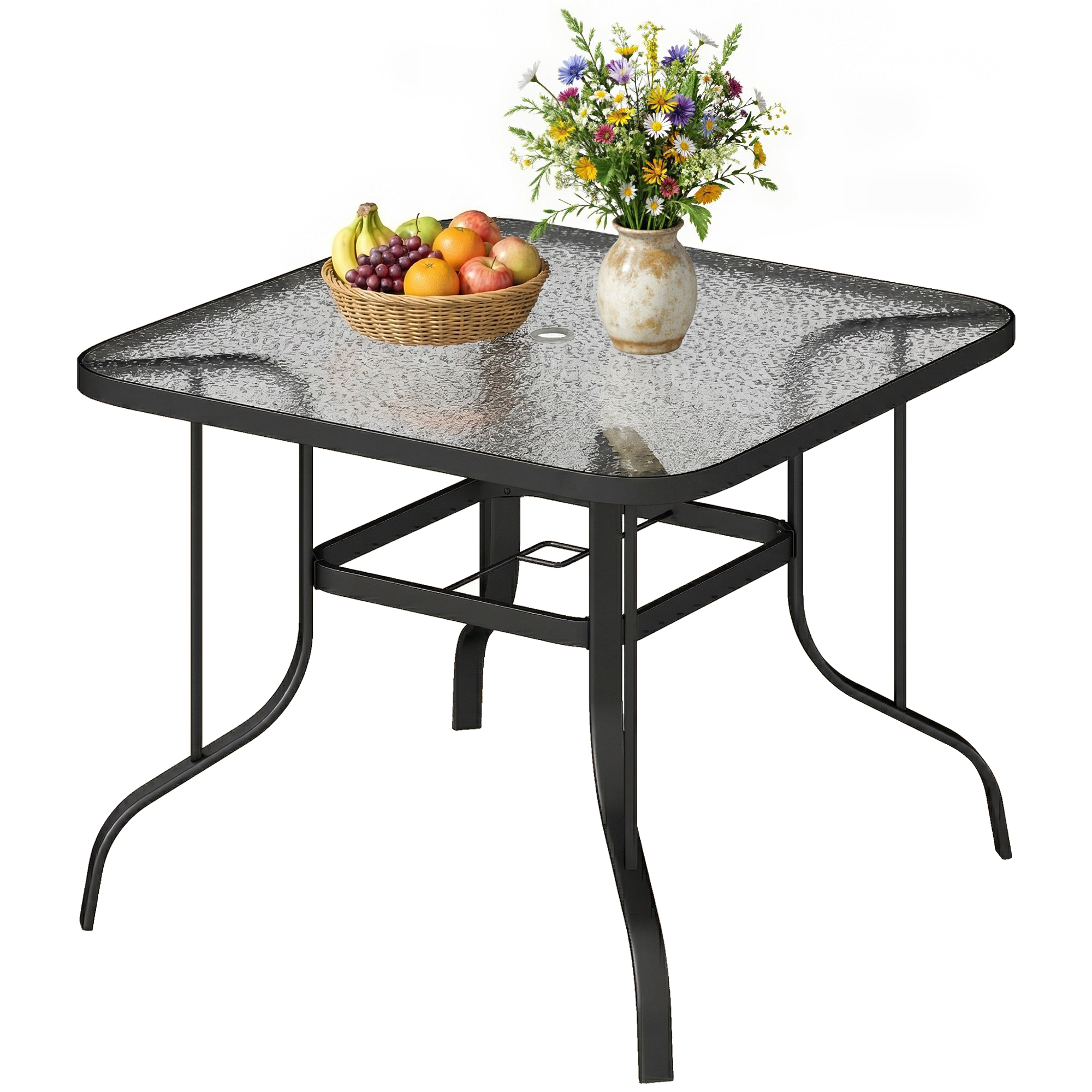Quadratischer Gartentisch Für 4 Personen Mit Glasplatte Und Öffnung Für Sonnenschirm Ø43 Mm, Schwarz