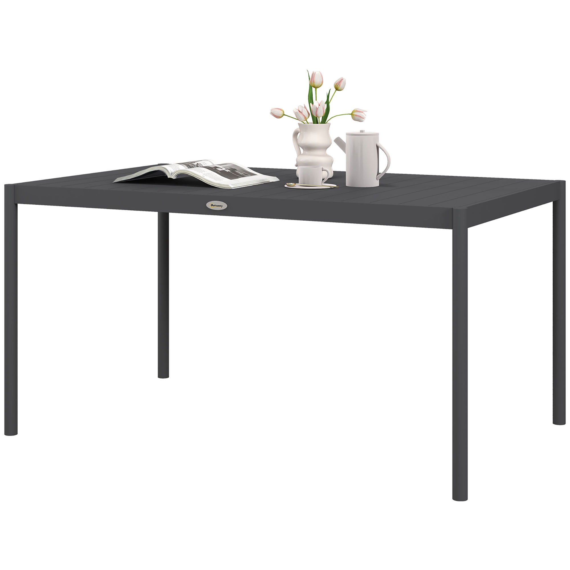 Gartentisch Mit Lattenrost Für 6 Personen Aus Stahl Und Aluminium, 145 X 90 X 74 Cm, Dunkelgrau