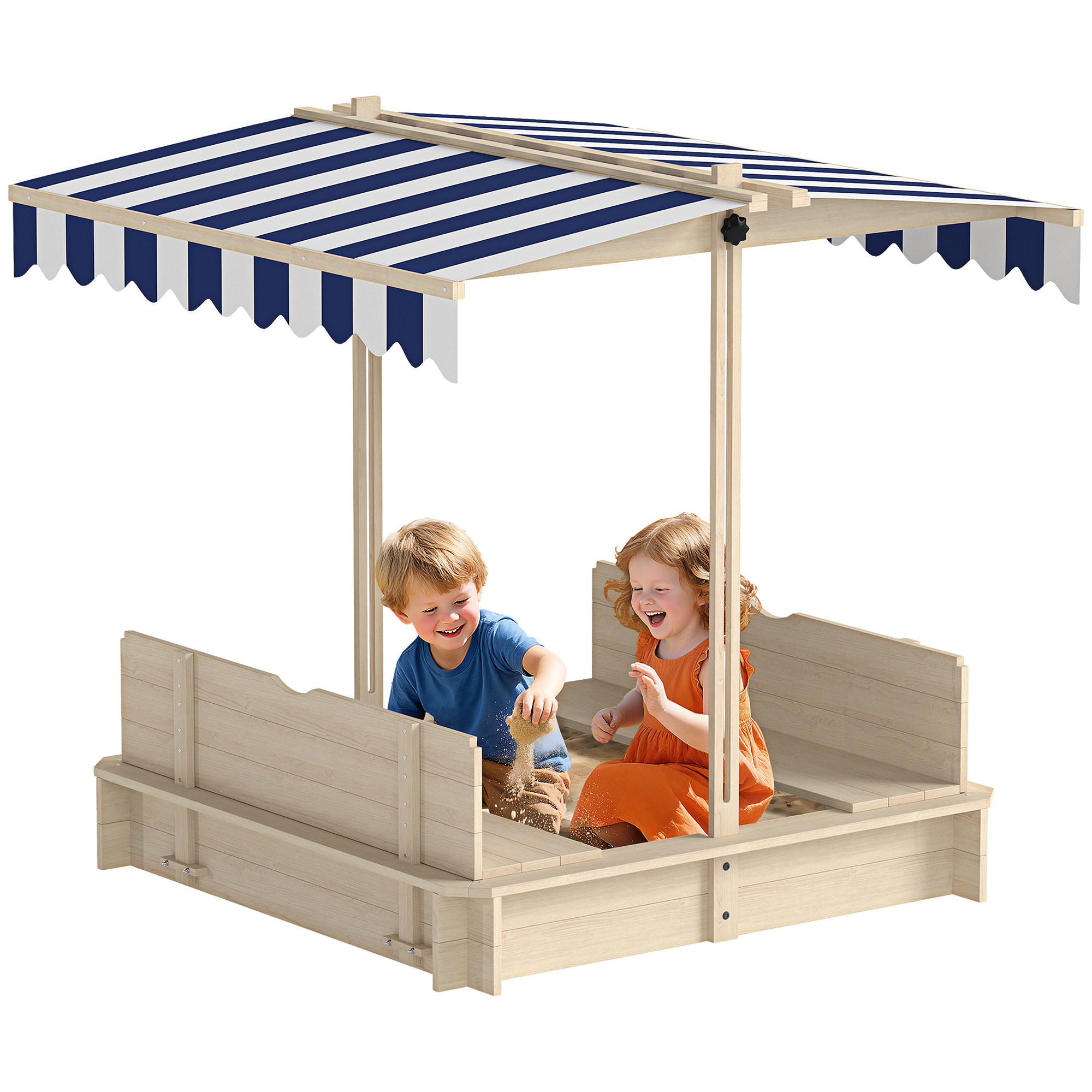 Sabbiera Für Bambini In Legno Mit Parasole Tettuccio, Panca E Coperchio, 106x106x115 Cm Bianco E Blu