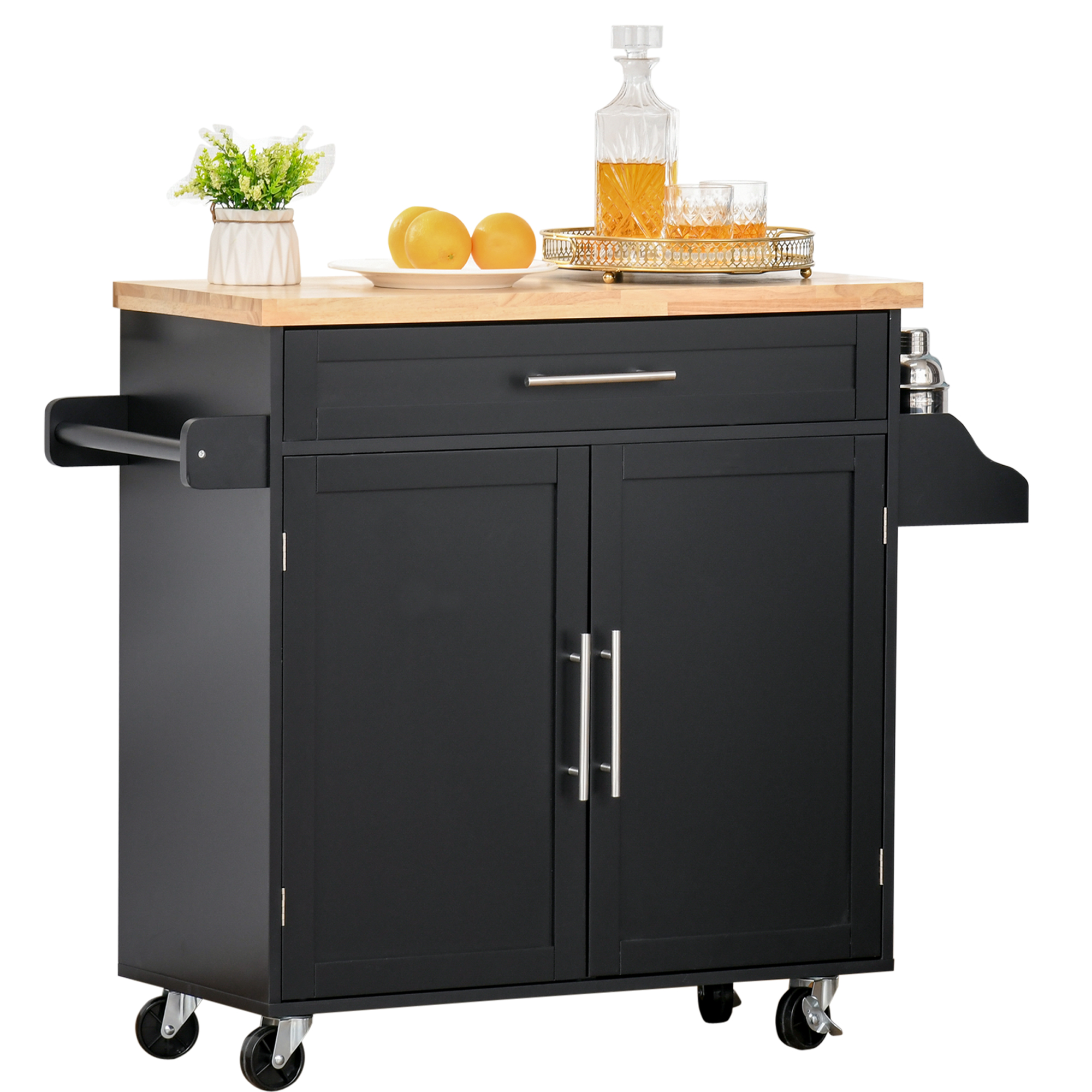 Küchenwagen Mit Schranktüren Und Verstellbarem Einlegeboden, Schublade, Bar Und Gewürzregal, Mobiles Sideboard Auf Rollen Für Das Esszimmer, 109 X 40 X 89 Cm, Schwarz
