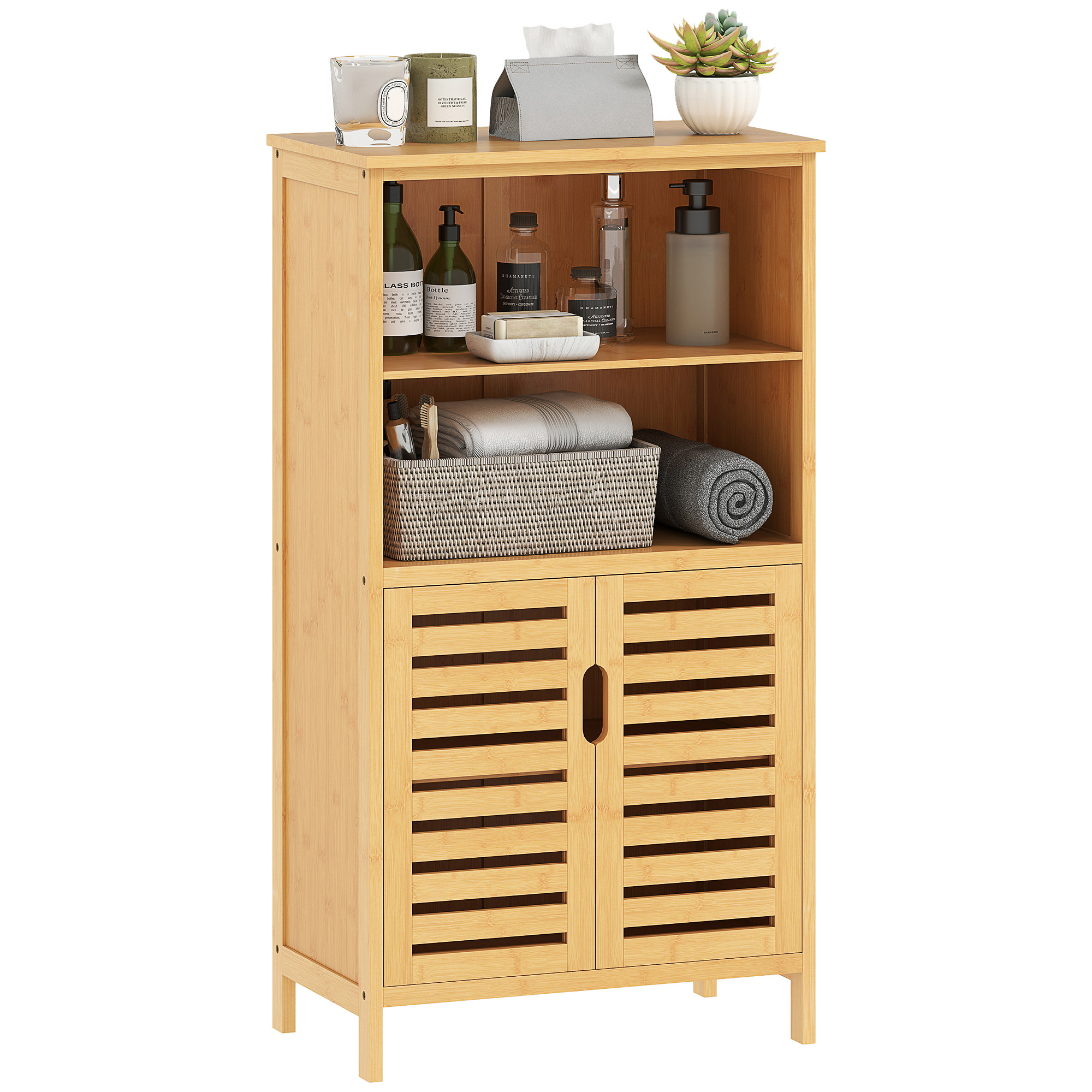 Badezimmerschrank Aus Natürlichem Bambus Mit Lamellentüren, 2 Einlegeböden, 1 Schrankfach, 50 Cm X 29 Cm X 92 Cm