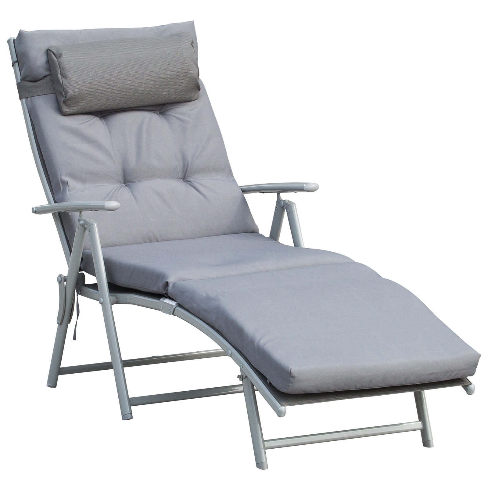 Klappbare Sonnenliege Mit Kopfstütze Und Sitzkissen, Verstellbare Rückenlehne In 7 Positionen, Gartenliege/entspannungsliege, Belastbar Bis 165 Kg, Für Garten, Urlaub Und Außenbereich, Grau