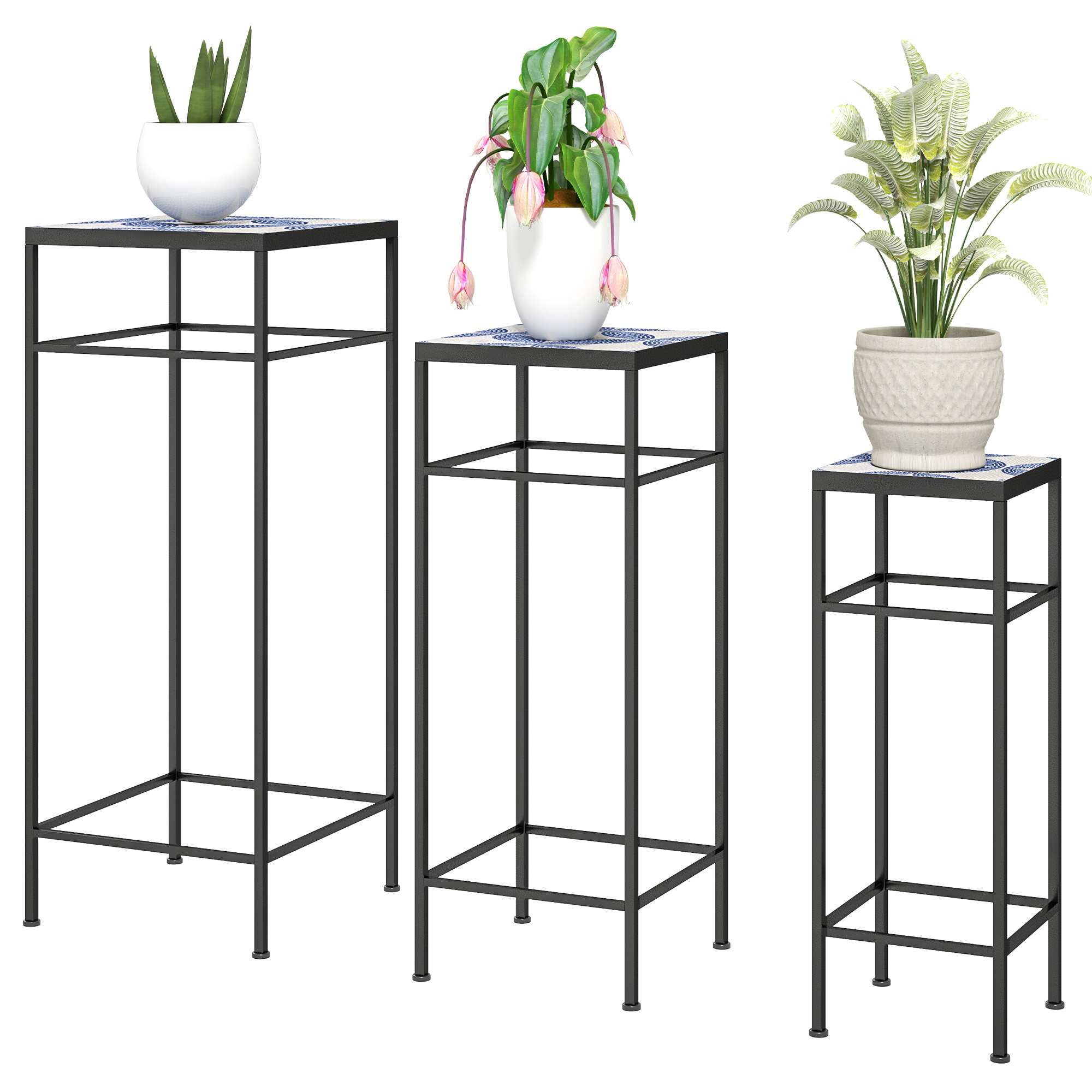 Set Mit 3 Pflanzenständern, 3 Ständer In Verschiedenen Größen Zur Präsentation Von Blumen Und Anderen Gegenständen, Blau Und Weiß