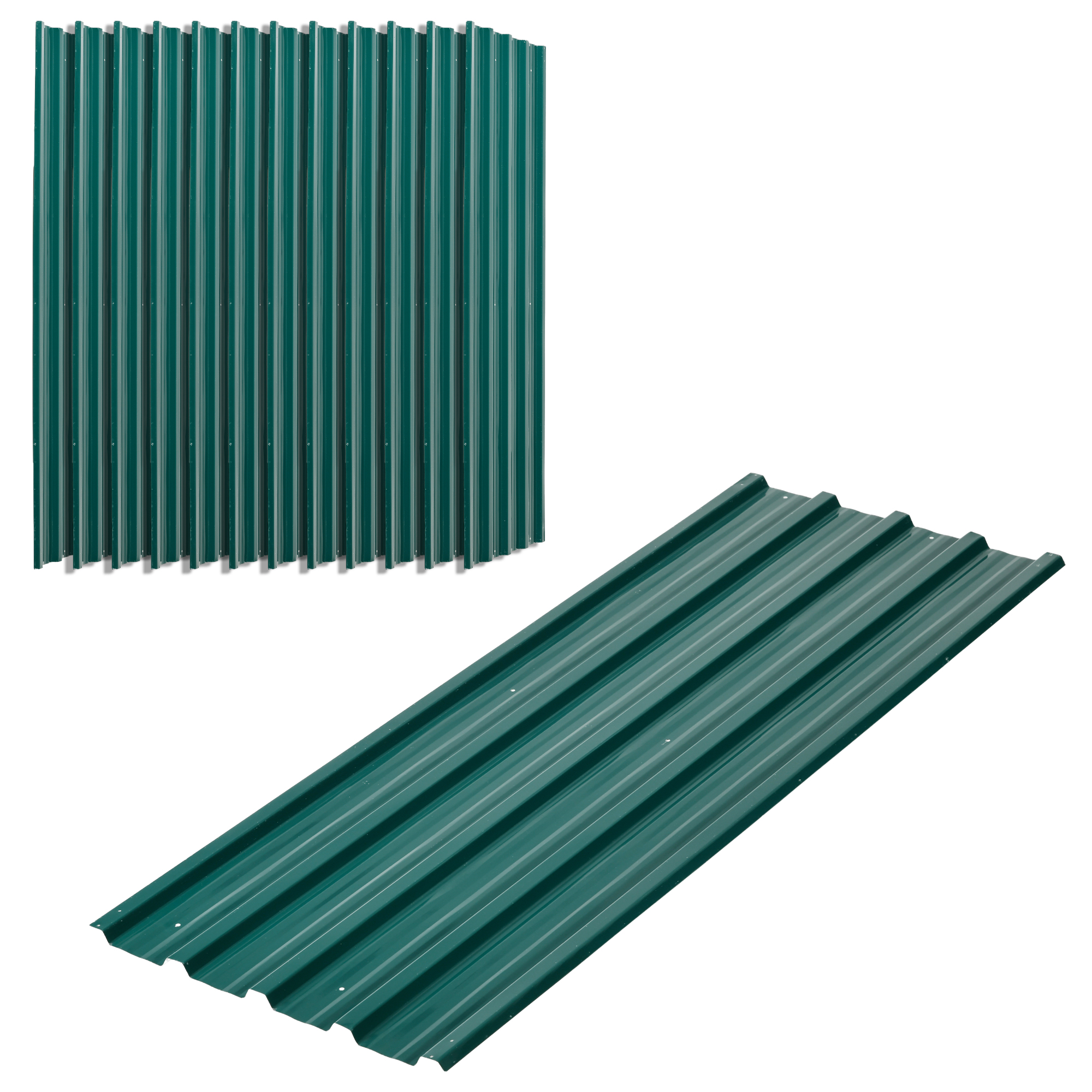 12 Trapezförmige Bleche Von 129 X 45 Cm (7 M²), Verzinkt, Profiliert, Witterungsbeständig, 0,25 Mm Dick, Grün.