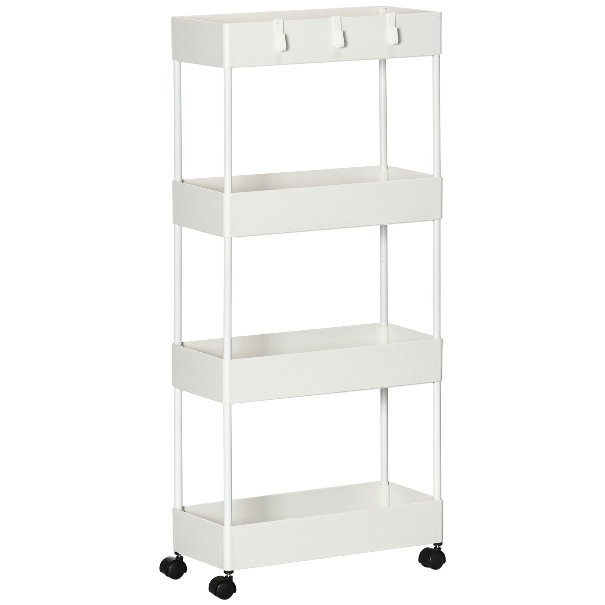 Küchenwagen Mit 4 Ablagen, 4 Flexiblen Haken, 4 Rollen, 40 Cm X 19 Cm X 90 Cm, Aufbewahrungswagen, Weiß