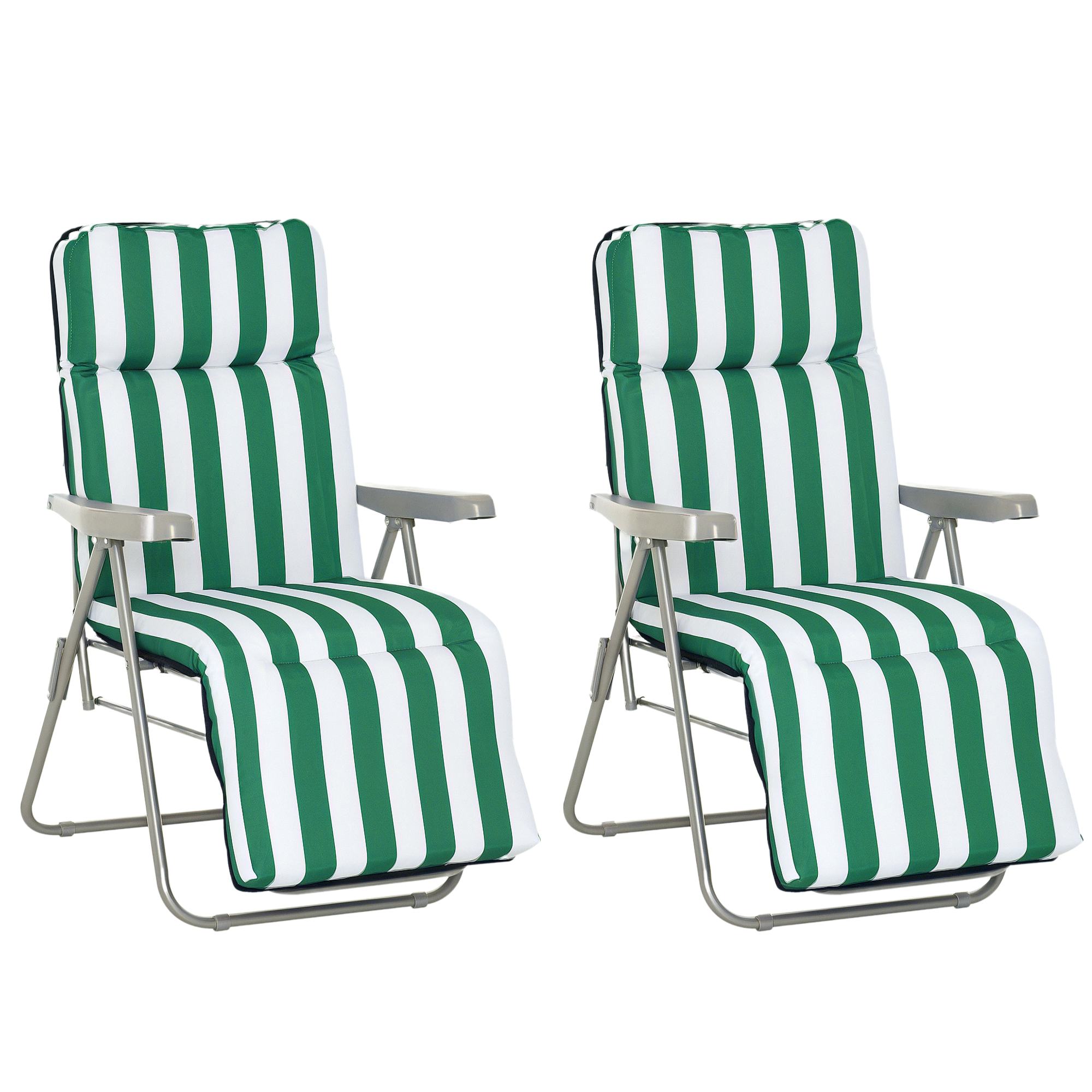 Set Aus 2 Klappbaren Gartenliegen Mit Kissen, 60 X 75 X 102 Cm, Stahl, Grün Und Weiß