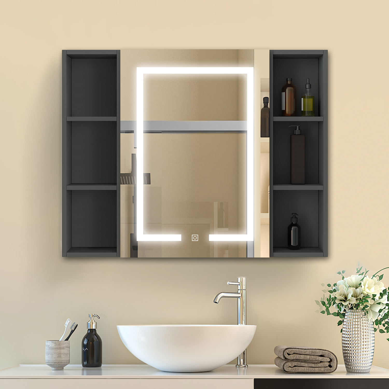 Spiegelschrank In Anthrazit Hängeschrank Wandschrank Badschrank Badezimmerschrank 80x70cm+2 Abnehmbares Ablagefach An Der Seite