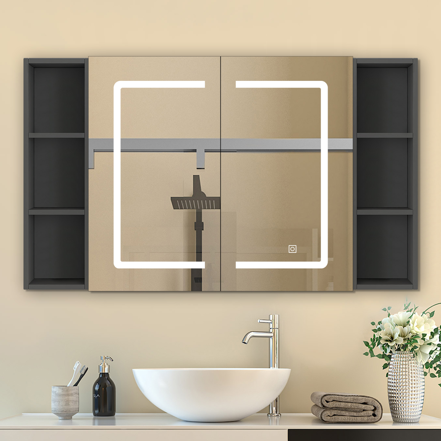 Spiegelschrank In Anthrazit Hängeschrank Wandschrank Badschrank Badezimmerschrank 120x70cm+2 Abnehmbares Ablagefach An Der Seite
