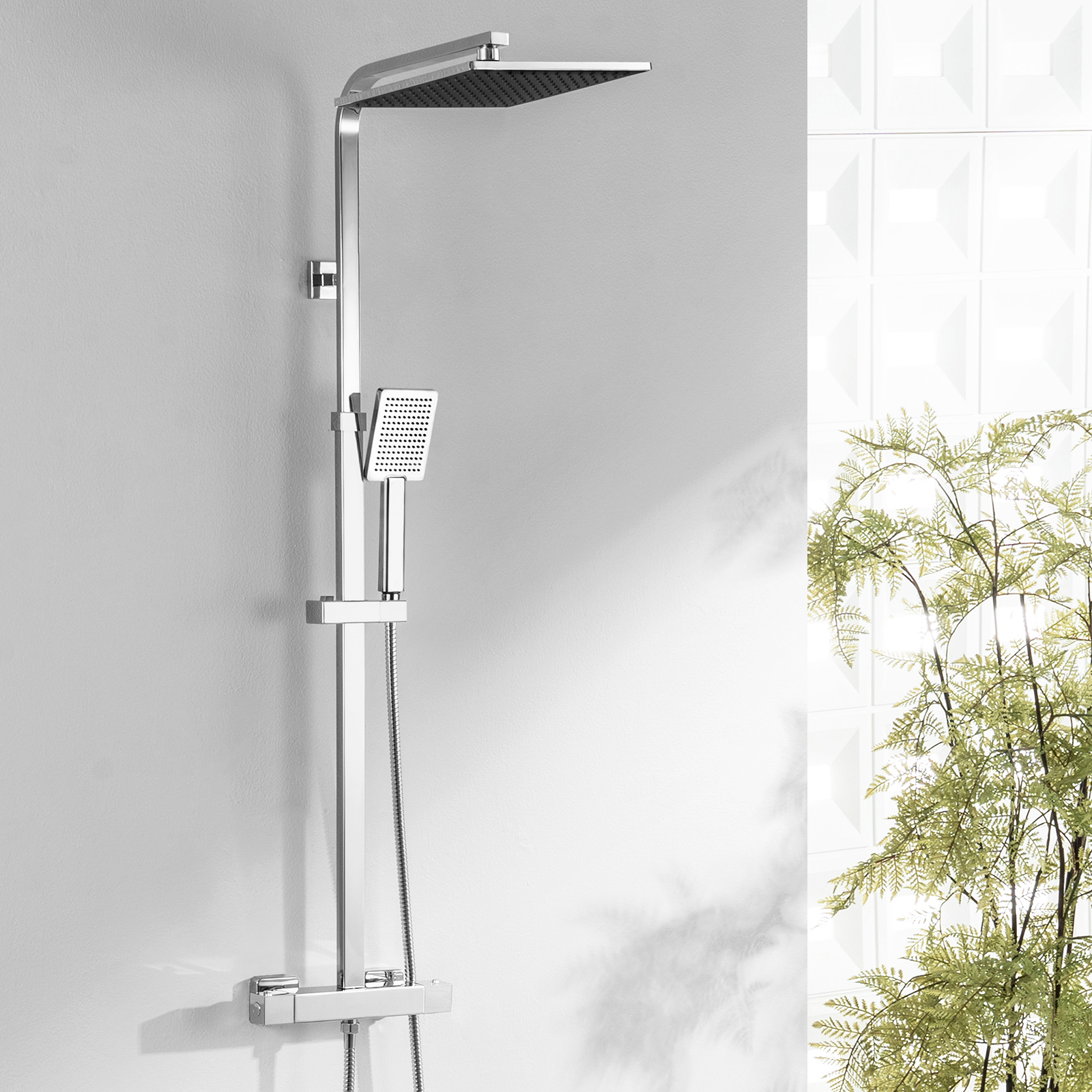 Auralum Max Regendusche Thermostat Duschsystem Chrom ,25cm Kopfbrause Handbrause Verbrühungsschutz Duschset Badezimmer,höhenverstellbare Duschstange (90–124 Cm)