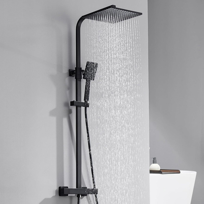 Auralum Max Duschsystem Mit 38 °c Thermostat Duscharmatur Regendusche Duschset Dusch Mit Handbrause, 10 Zoll Regendusche, Handbrause Und Höhenverstellbarer Duschstange,schwarz