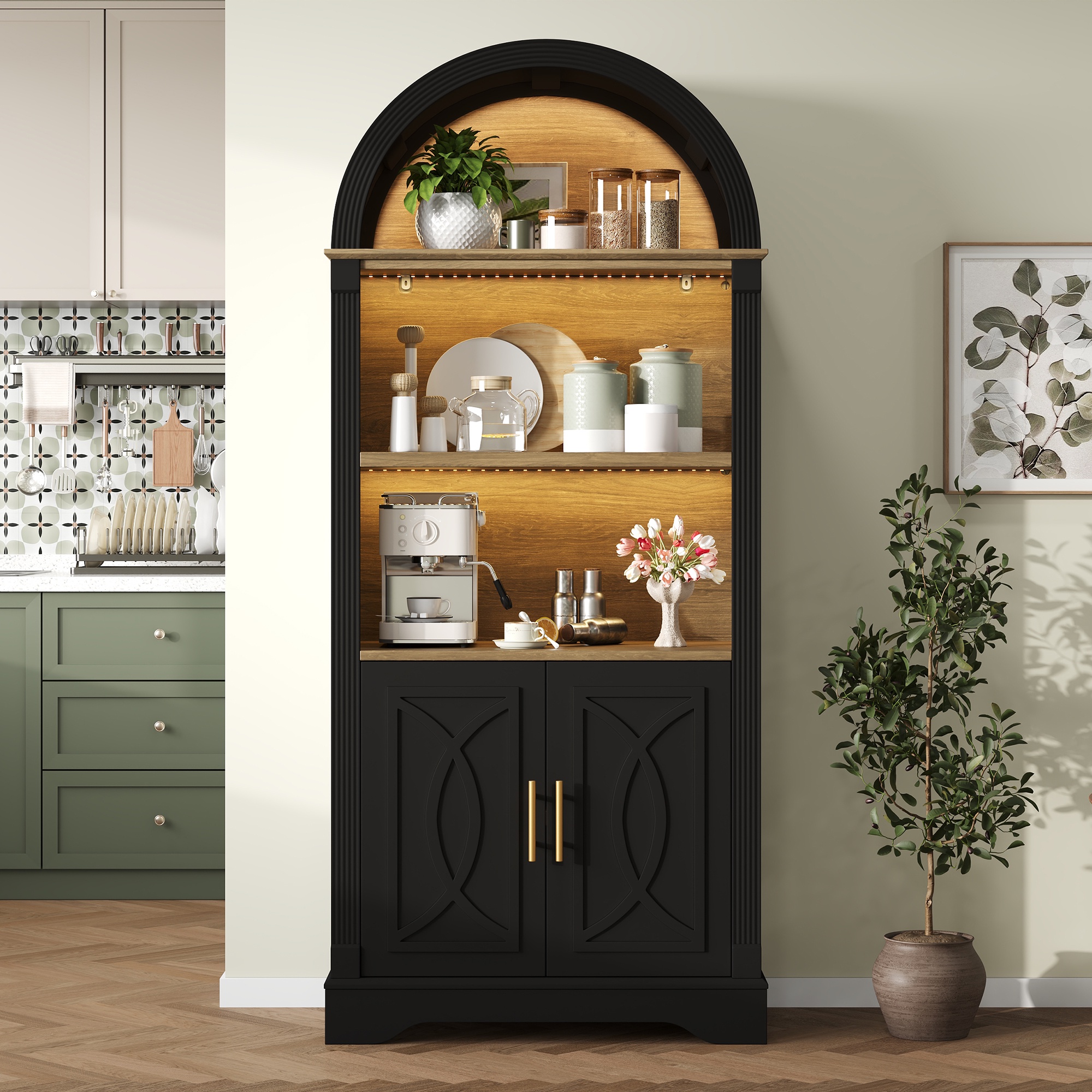Highboard Küchenschrank Vorratsschrank Mit Led-beleuchtung Und Verstellbaren Regalböden - 76.2x40x180 Cm - Für Esszimmer Wohnzimmer Mdf - Schwarz