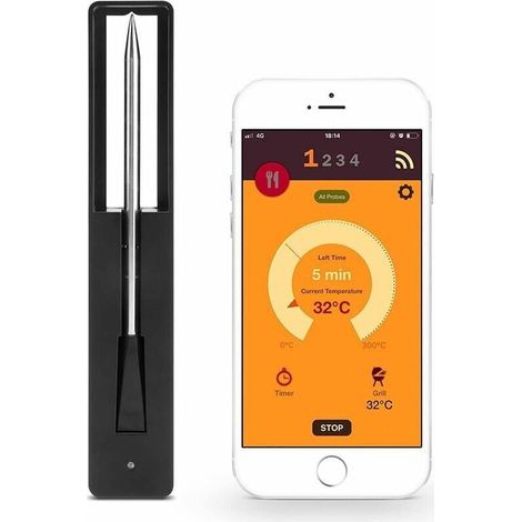 Sonde De Cuisson 100% Sans Fil,thermometer À Viande Connecté,four,contrôle Température,longue Portée,connection Wi-fi/bluetooth,noire