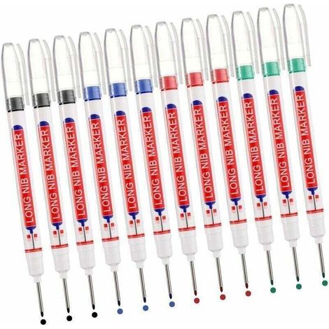 Marqueurs Trou Profond, 12 Stück Marqueur Charpentier, Stylo Marqueur Indélébile À Pointe Longue De 20 Mm, Marqueur De Precision Chantier (noir Bleu Rouge Vert)