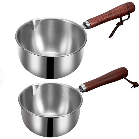 Set Aus 2 Milchtöpfen Mit Ausgießer: Topf Aus Edelstahl 304 Mit Holzgriff, Induktionsgeeignet, Auch Als Öltopf Oder Kleiner Topf Für Den Herd Geeignet.