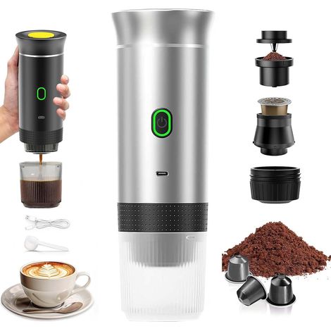 Vhv Tragbare Reisekaffeemaschine, Schnellheizende 3-in-1-kaffeemaschine 12v, 4-6 Minuten Automatische Aufheizzeit, Große Kapseln, Gemahlener Kaffee, Für Camping, Büro, Zuhause, Auto (silber)