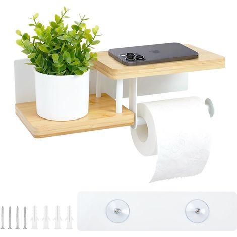 Toilettenpapierhalter Aus Bambus Mit Ablage. Befestigung Mit Kleber Oder Schrauben. Weiß. Für Bad, Küche Und Wc. 30 × 12 × 8 Cm