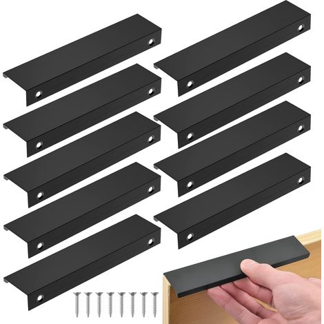 Flintronic Küchengriff, Schwarz, 10 Stück Möbelgriffe Mit Unsichtbarem Mittenabstand, Türgriffe Aus Aluminium, Schwarze Möbelgriffe Für Büros, Schubladen, Schränke (128 Mm / Länge 150 Mm)