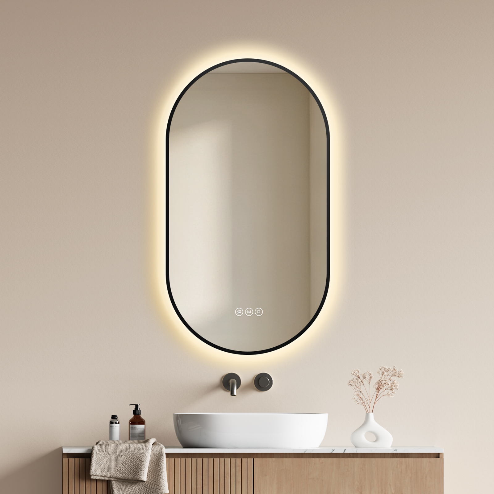 Emke Led Badezimmerspiegel 75 X 45 Cm In Ovaler Kapselform, Badspiegel Mit Beleuchtung, Antibeschlag, Dimmbar, 3 Lichtfarben Schwarz