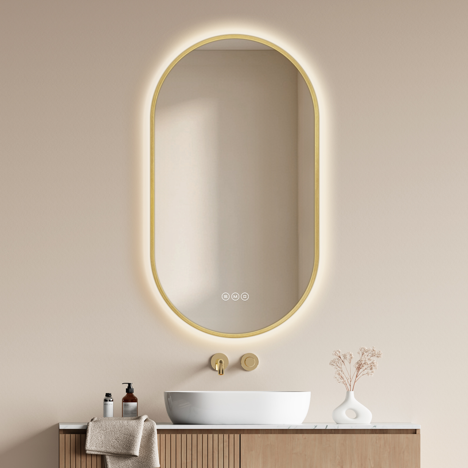 Emke Led Badezimmerspiegel 90 X 50 Cm In Ovaler Kapselform, Badspiegel Mit Beleuchtung, Antibeschlag, Dimmbar, 3 Lichtfarben Gold