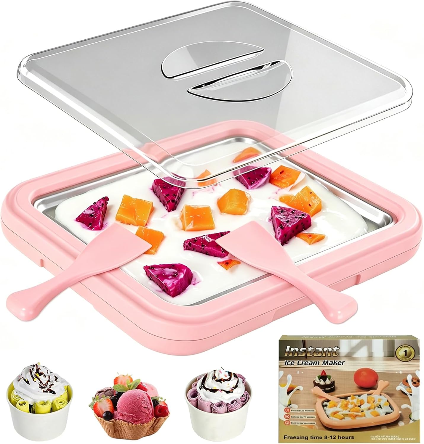 Fliti – Eismaschine Aus Edelstahl 304 Für Gerolltes Eis Mit Transparentem Deckel, 2 Spateln, Schnellgefrierschale, Rosa, Größe L