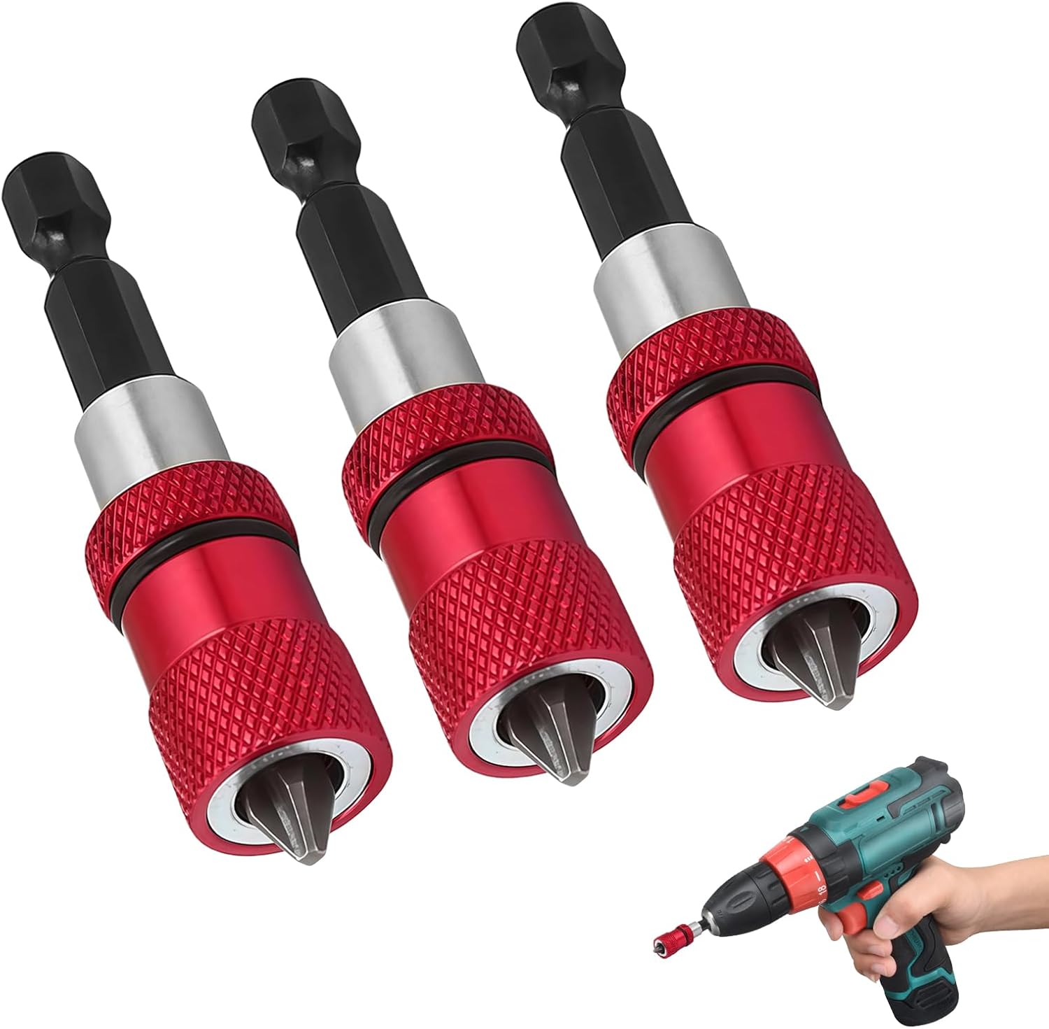 3-teiliger Roter Magnetischer Bithalter Mit Einstellbarem Tiefenanschlag, 1/4"-sechskant, Mit 3 Ph2-bits, Kompatibel Mit Akku-bohrschraubern Und -schraubern, Für Trockenbau Und Gipskartonplatten